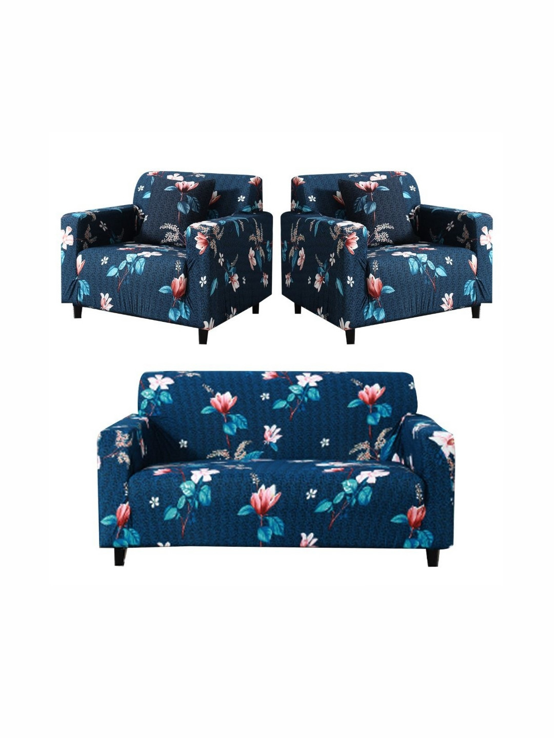 

Furshine Blue & Pink Floral Printed Polyester 3 Pieces Sofa Cover With Arms