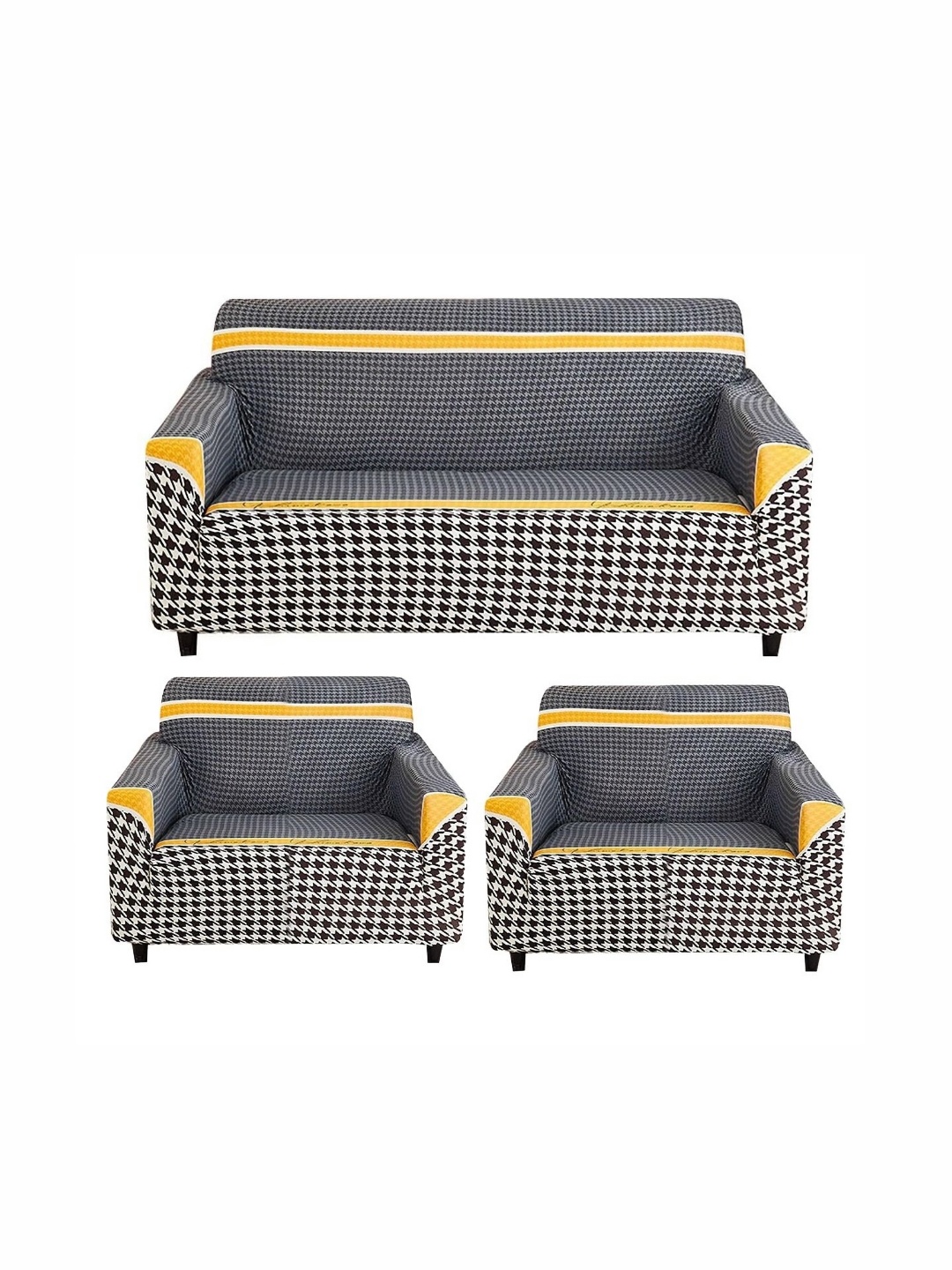 

Furshine Black & Yellow Checked Printed 3 Pieces Sofa Cover With Arms