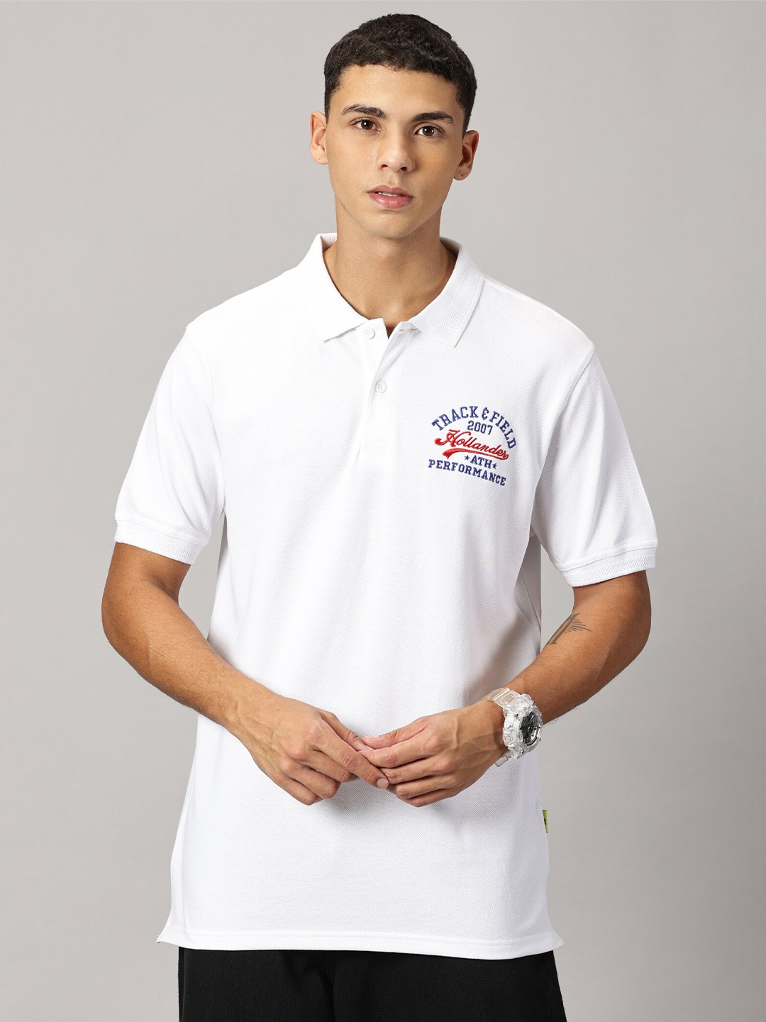 

THE HOLLANDER Men Typography Printed Polo Collar T-shirt, White