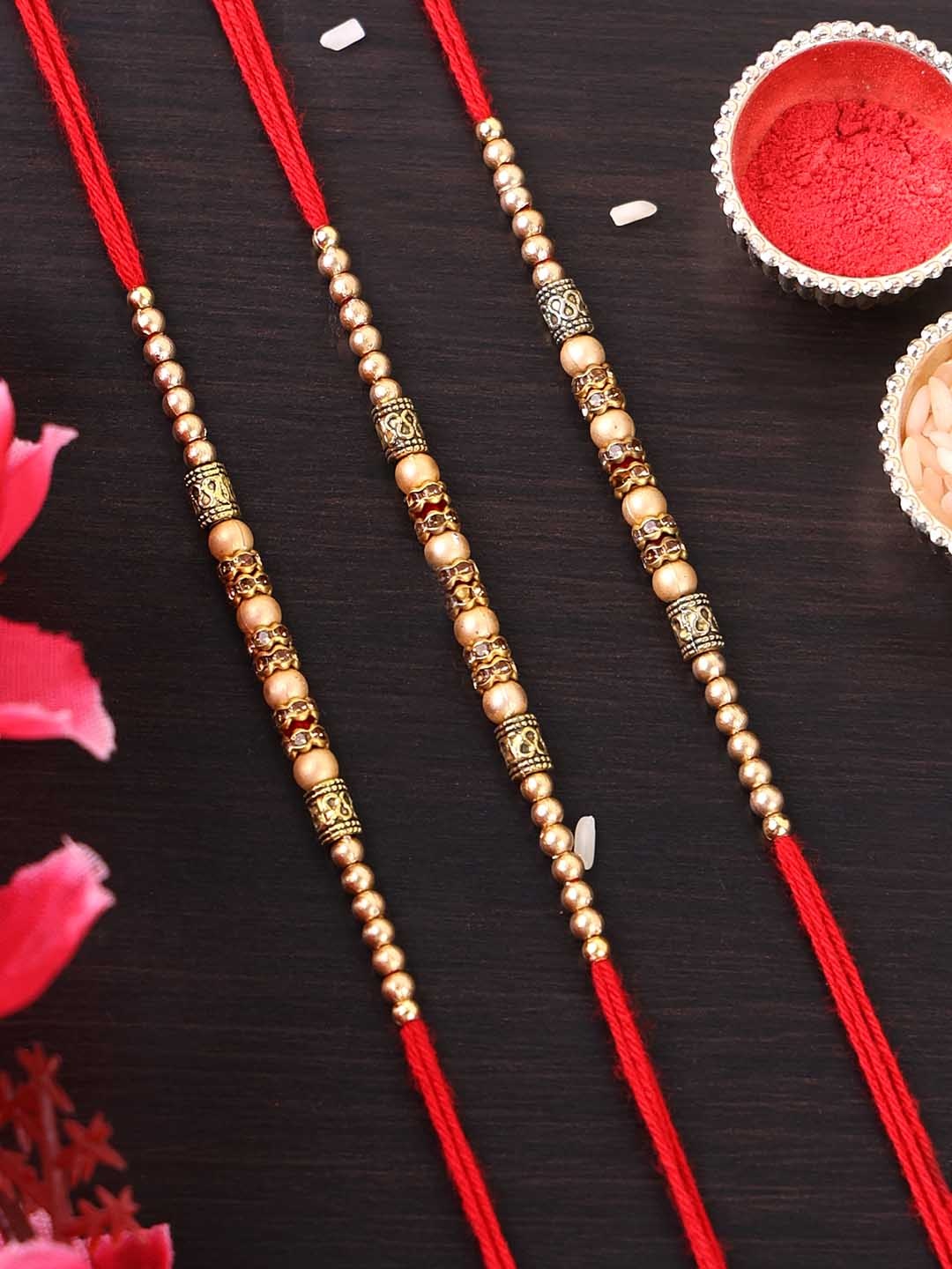 

PANASH Set Of 6 Gold-Plated Beaded Thread Rakhis With Roli Chawal