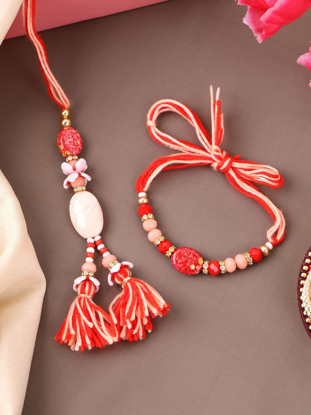 

PANASH Gold Plated Beaded Thread Bhaiya Bhabhi Rakhis With Roli Chawal