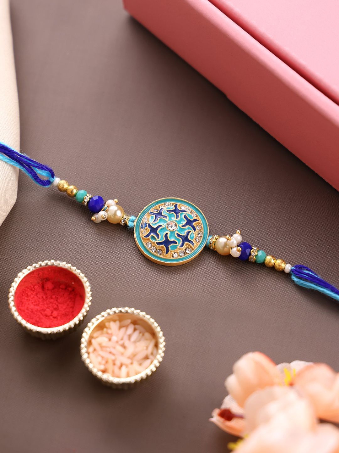 

PANASH Unisex Gold-Plated Pearls Beaded Thread Rakhis With Roli Chawal