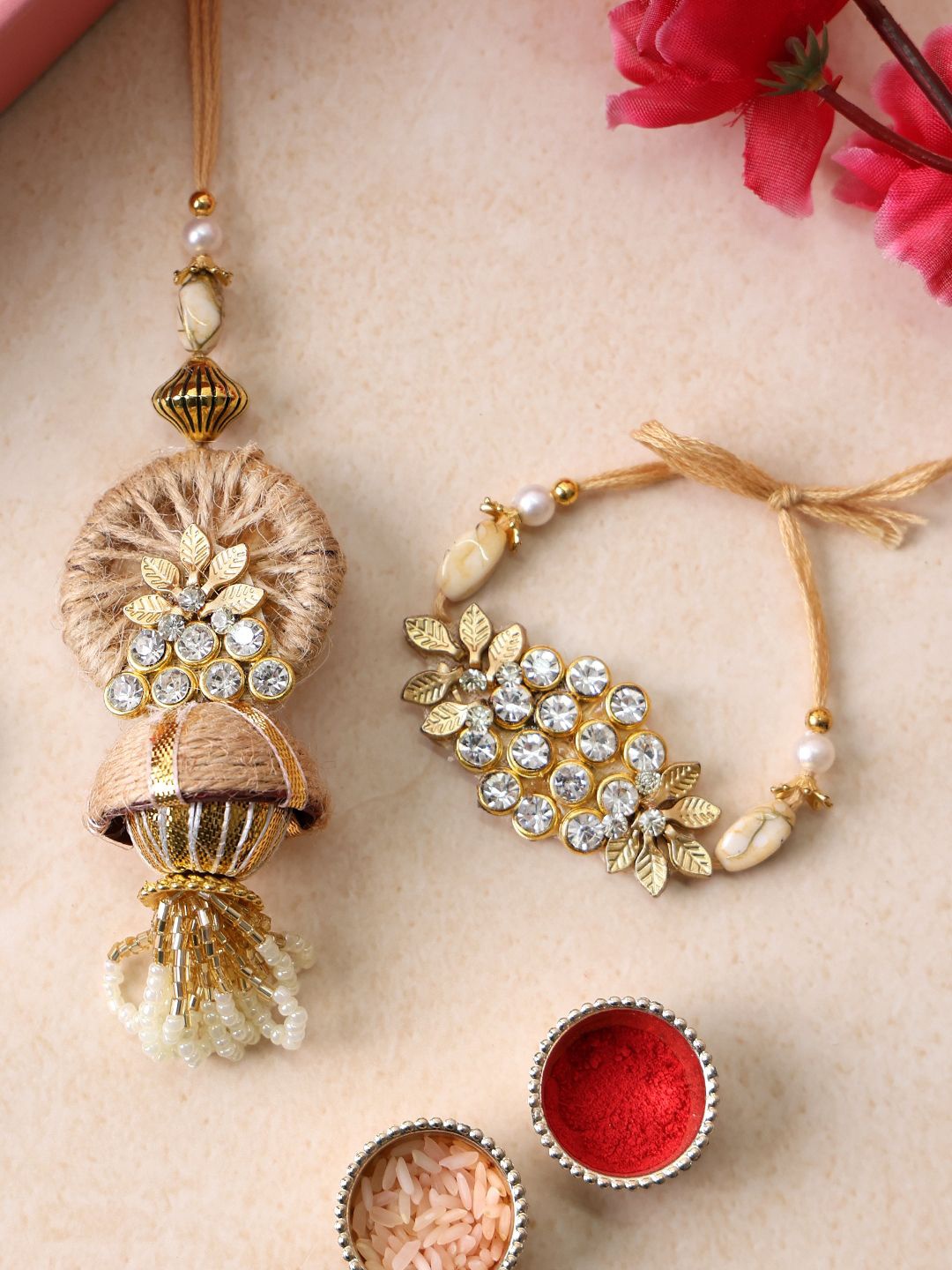 

PANASH Gold Plated Beaded With Stone Studded Bhaiya Bhabhi Rakhi With Roli Chawal