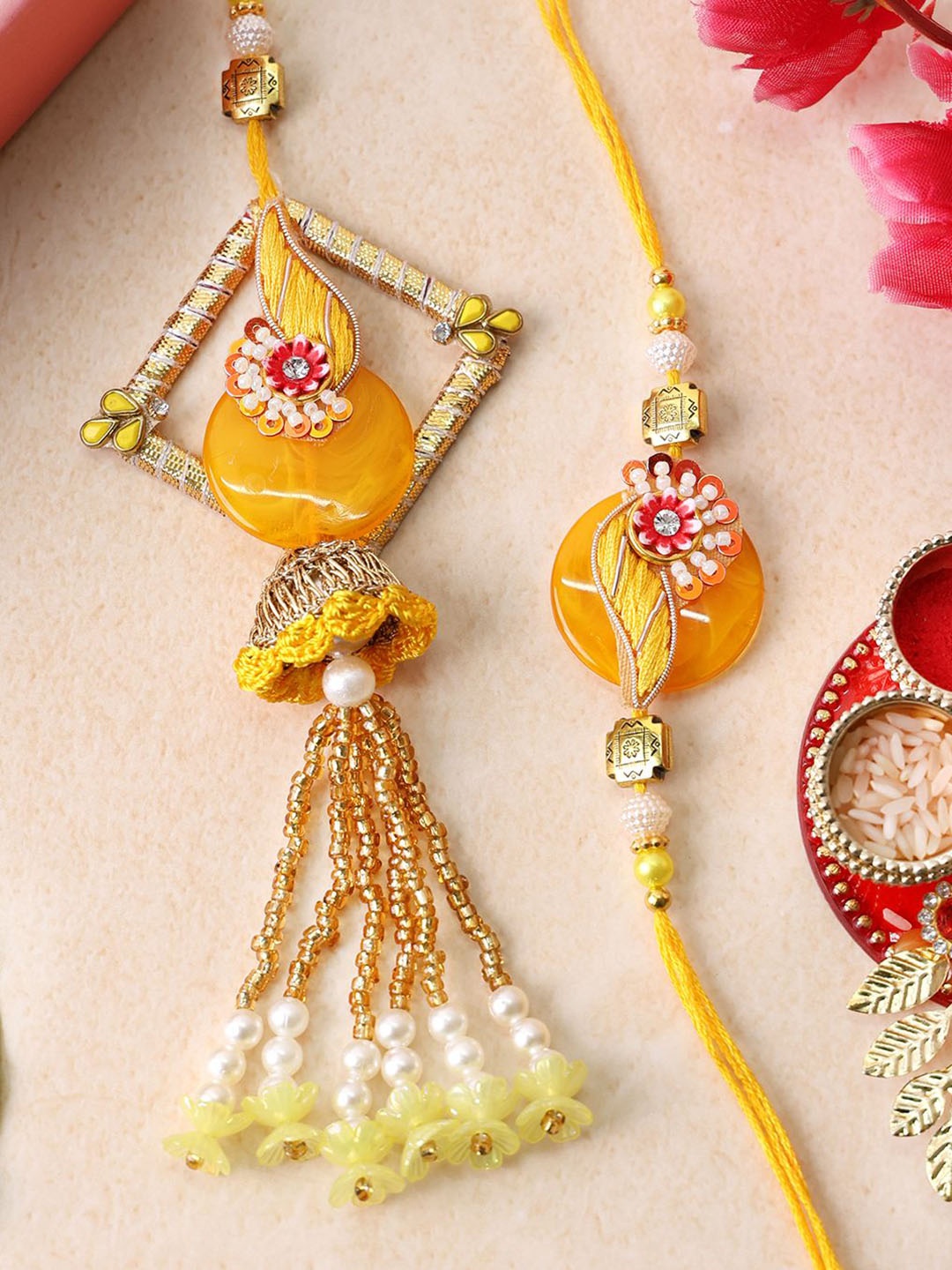 

PANASH Gold Plated Beaded With Stone Studded Thread Bhaiya Bhabhi Rakhis With Roli Chawal