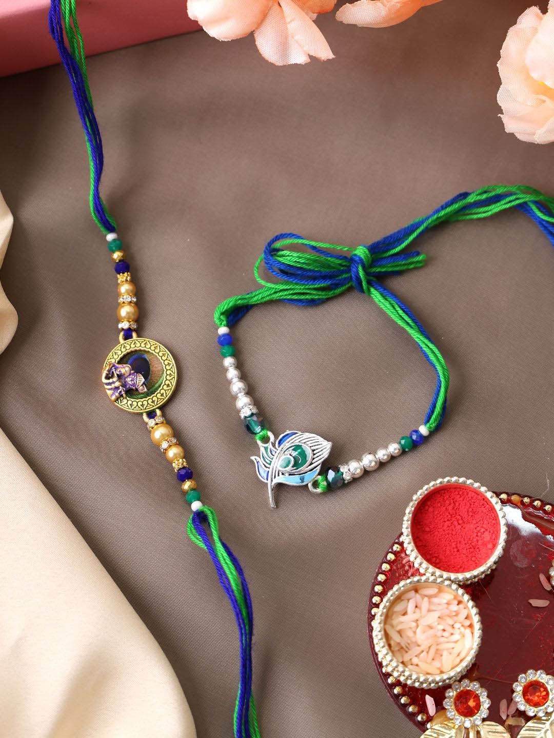 

PANASH Set Of 2 Gold-Plated Beaded Rakhis With Roli Chawal