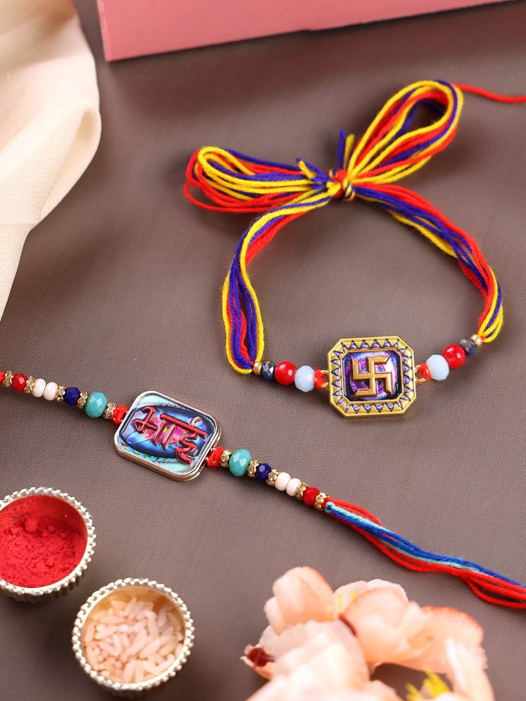 

PANASH Set of 2 Gold Plated Designer Beaded Thread Rakhi With Roli Chawal