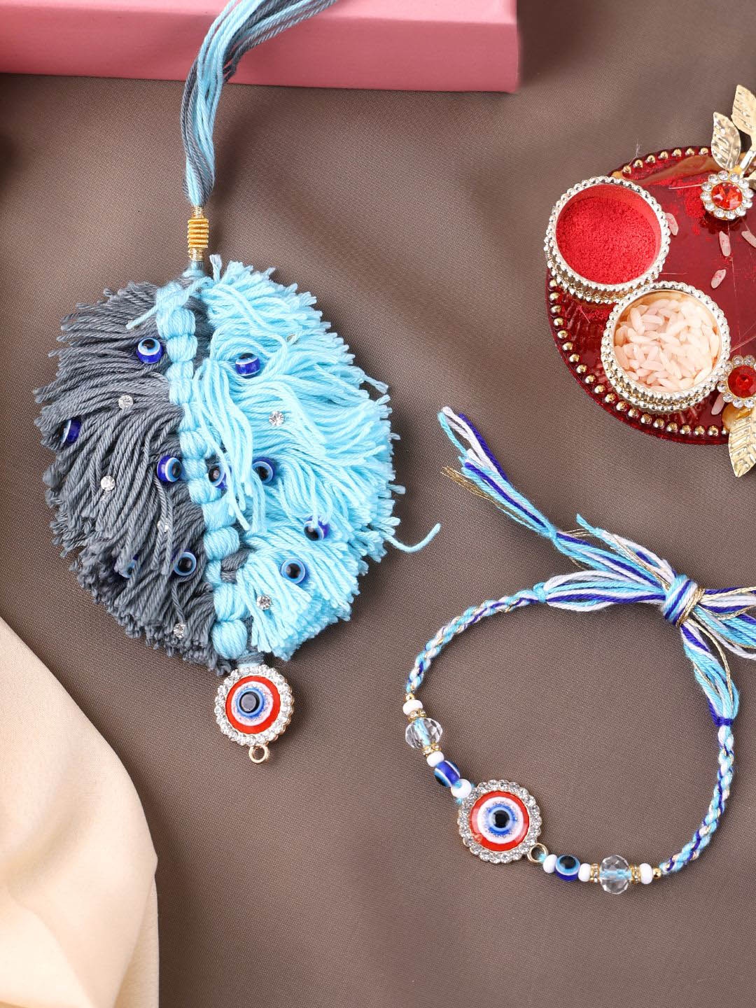 

PANASH Set Of 2 Gold Plated Beaded With Stone Studded Thread Rakhi With Roli Chawal, Blue