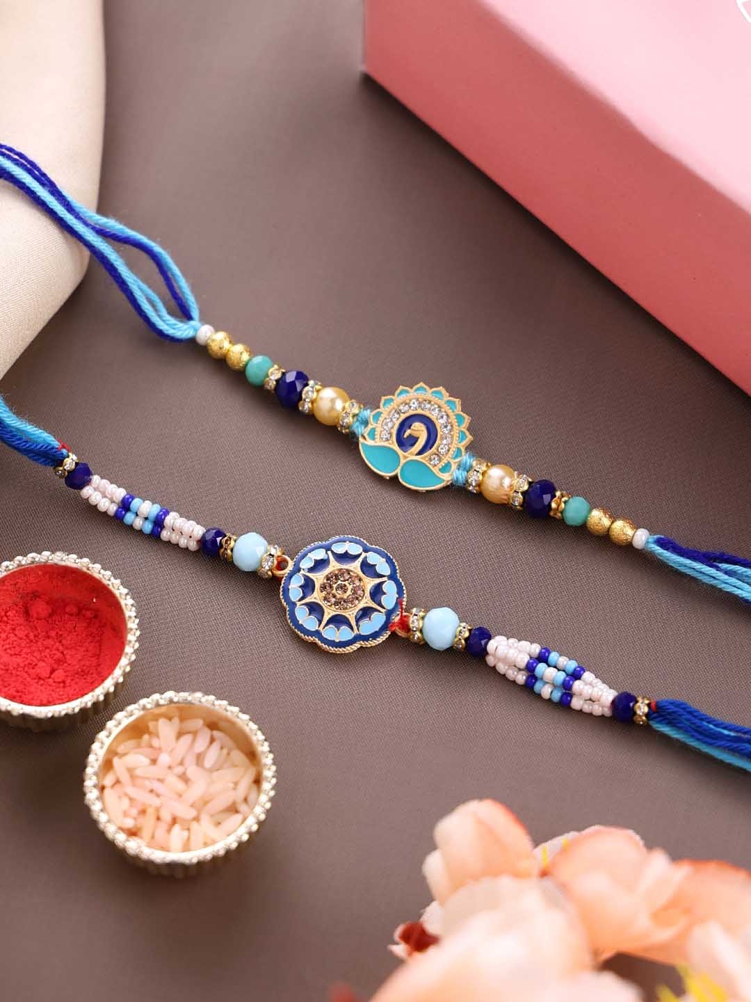 

PANASH Set Of 2 Gold Plated Beaded Thread Rakhi With Roli Chawal