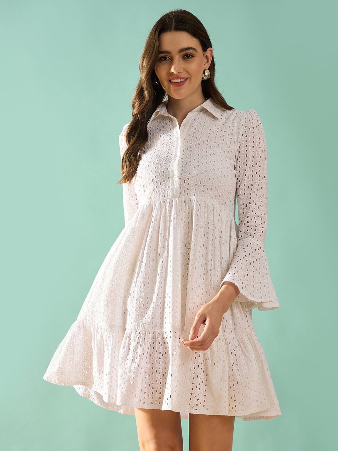 

PANIT Shirt Collar Bell Sleeve Schiffli Fit & Flare Dress, White