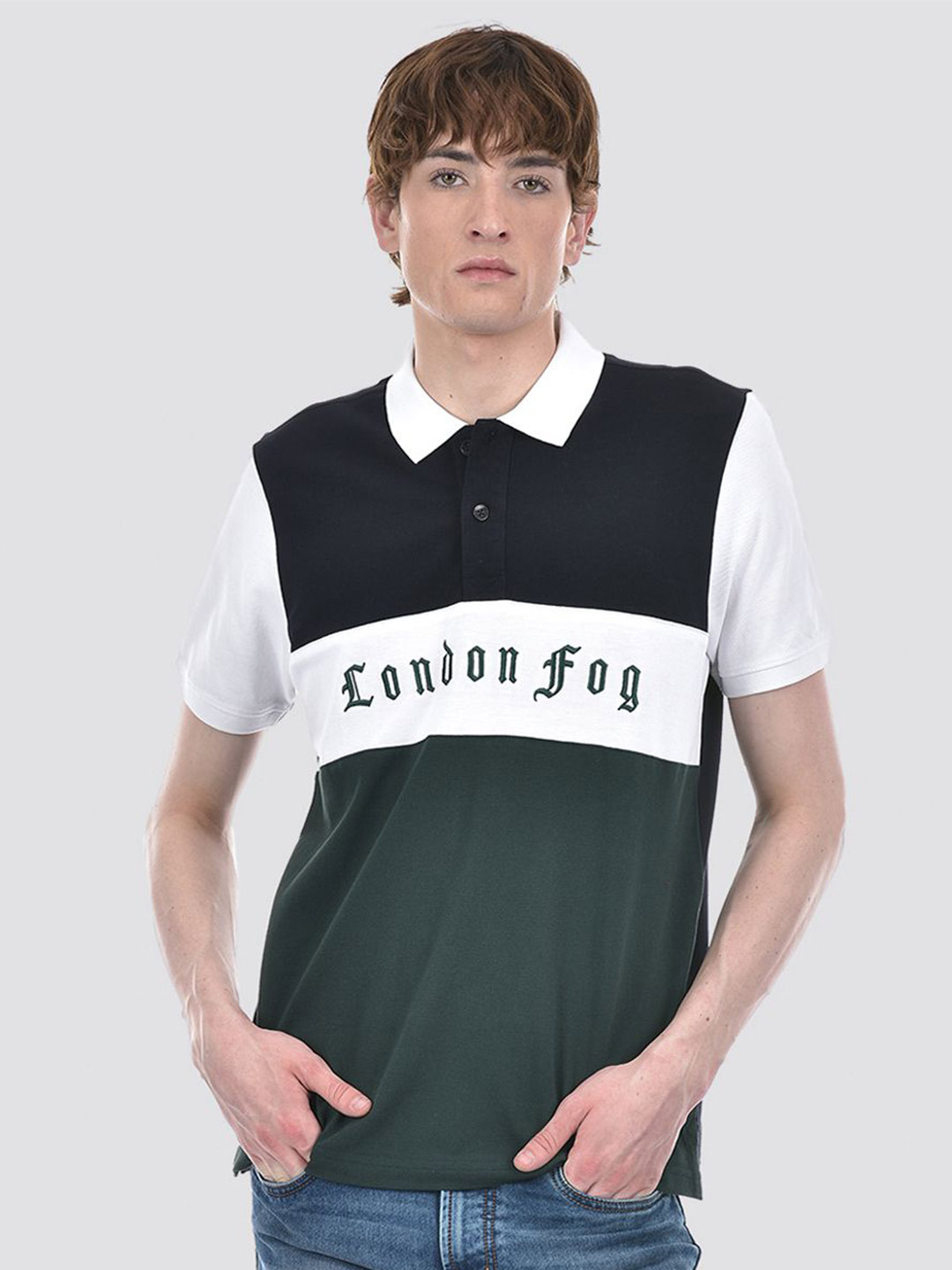 

LONDON FOG Men Typography Colourblocked Polo Collar Cotton T-shirt, Green