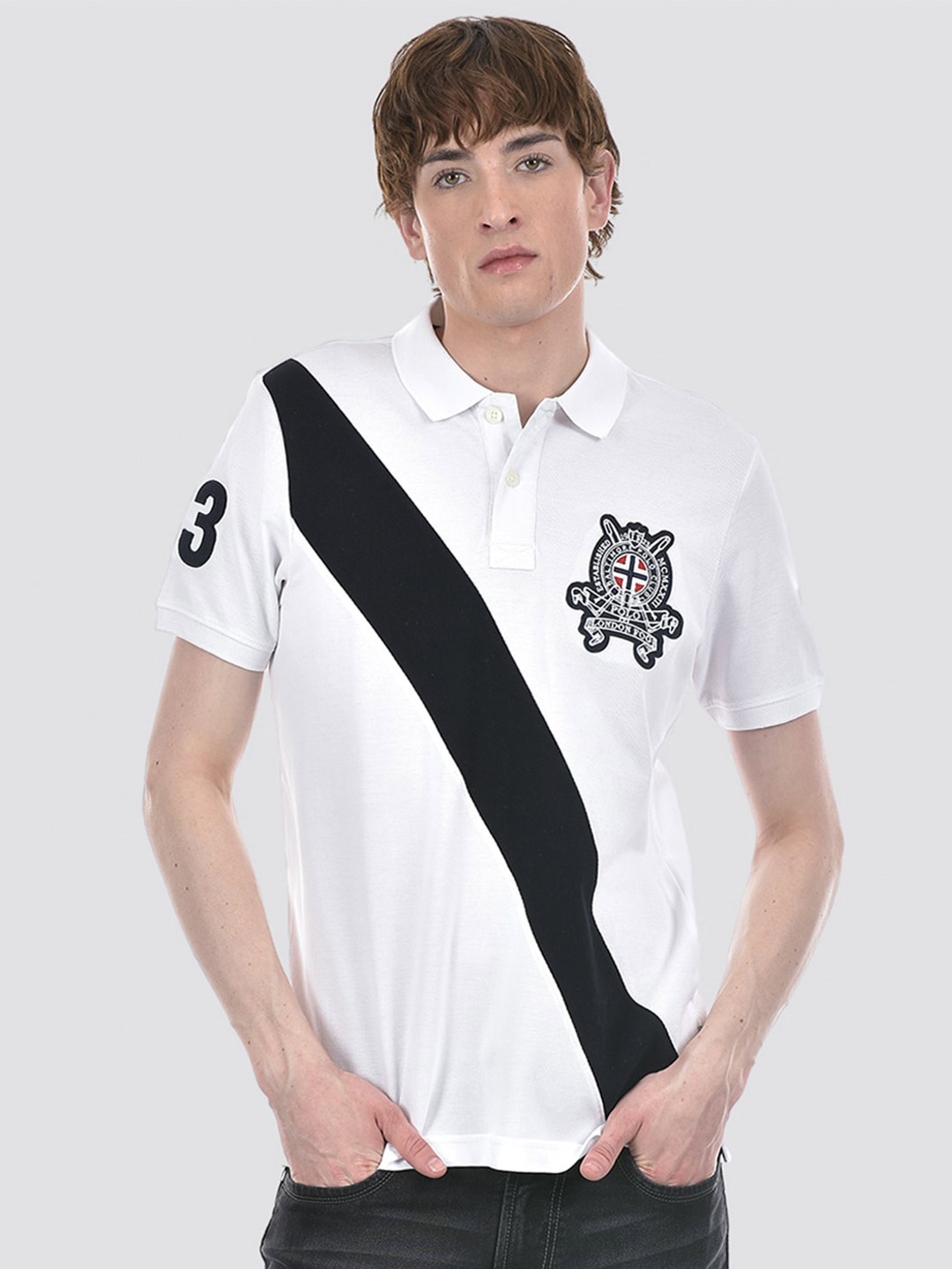 

LONDON FOG Men Colourblocked Polo Collar Applique Cotton T-shirt, White