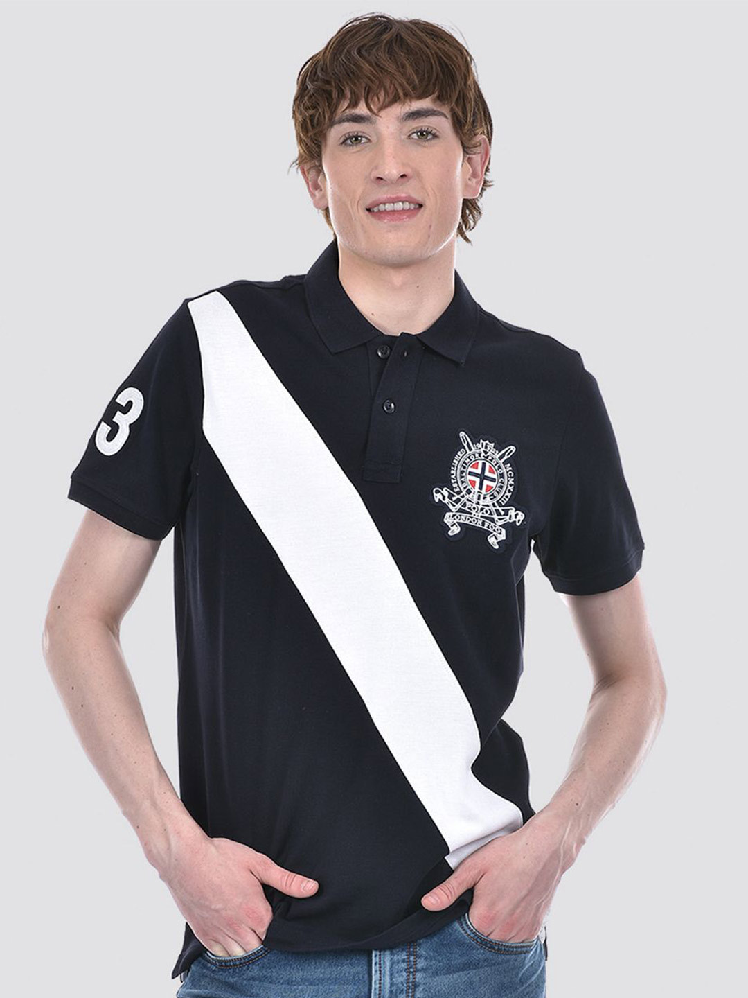 

LONDON FOG Men Colourblocked Polo Collar Applique Cotton T-shirt, Navy blue