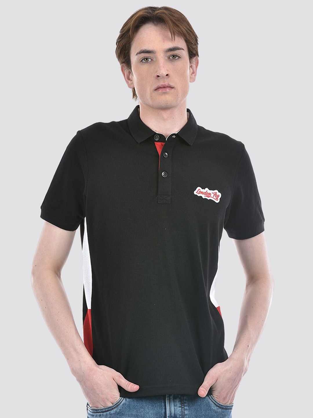 

LONDON FOG Men Polo Collar Extended Sleeves Applique T-shirt, Black