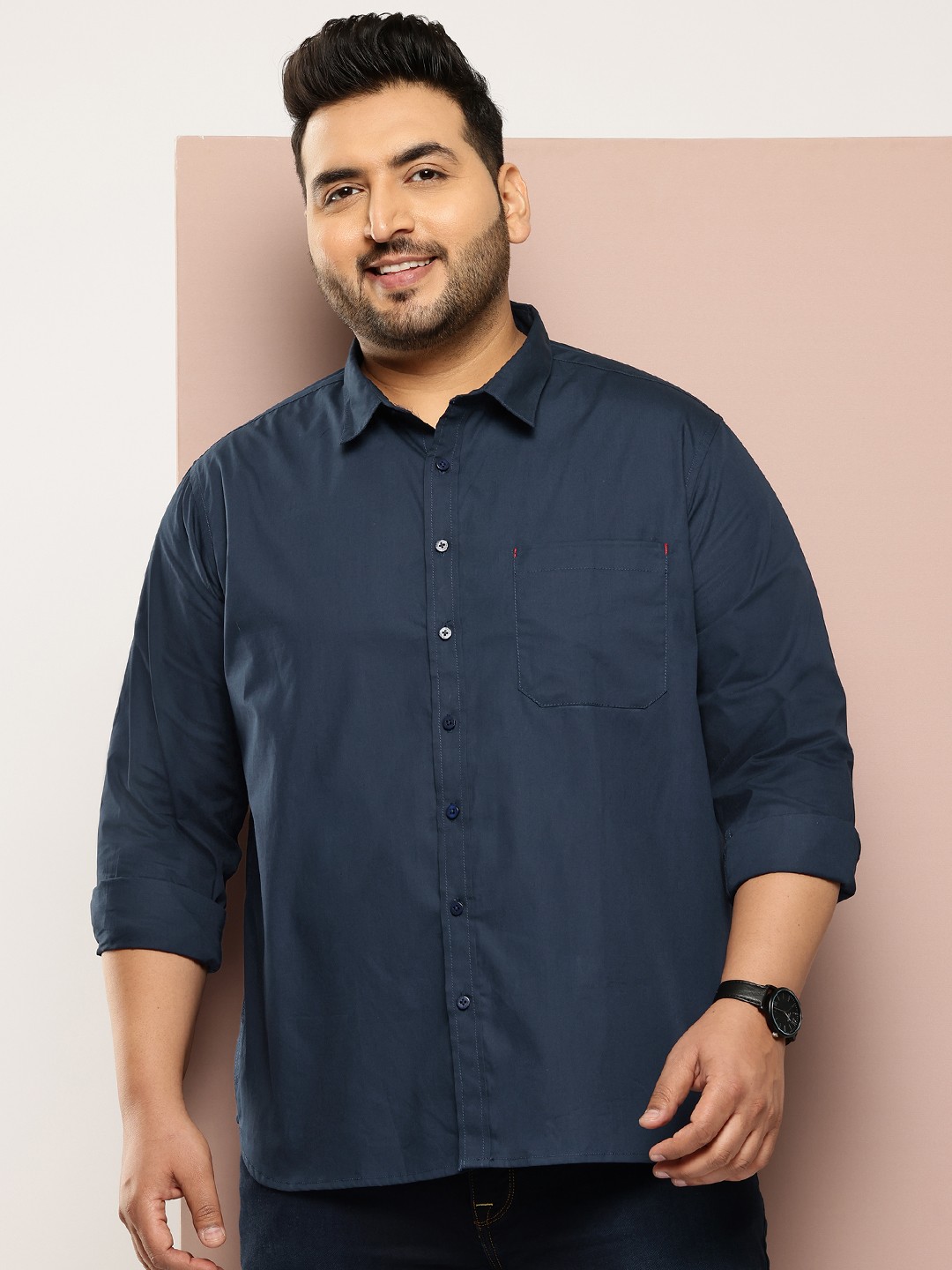 

Sztori Men Plus Size Pure Cotton Casual Shirt, Navy blue