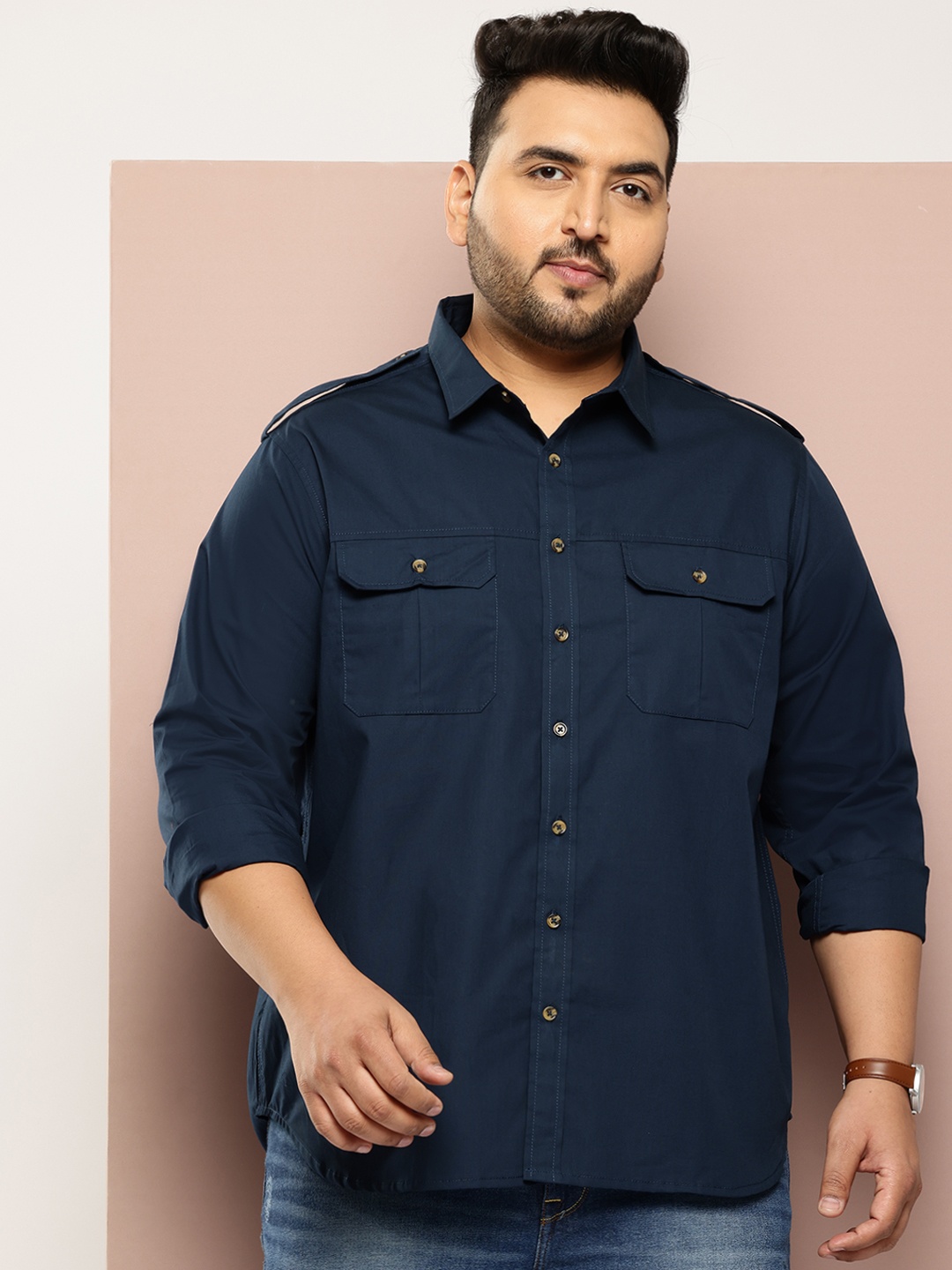 

Sztori Men Plus Size Pure Cotton Casual Shirt, Navy blue