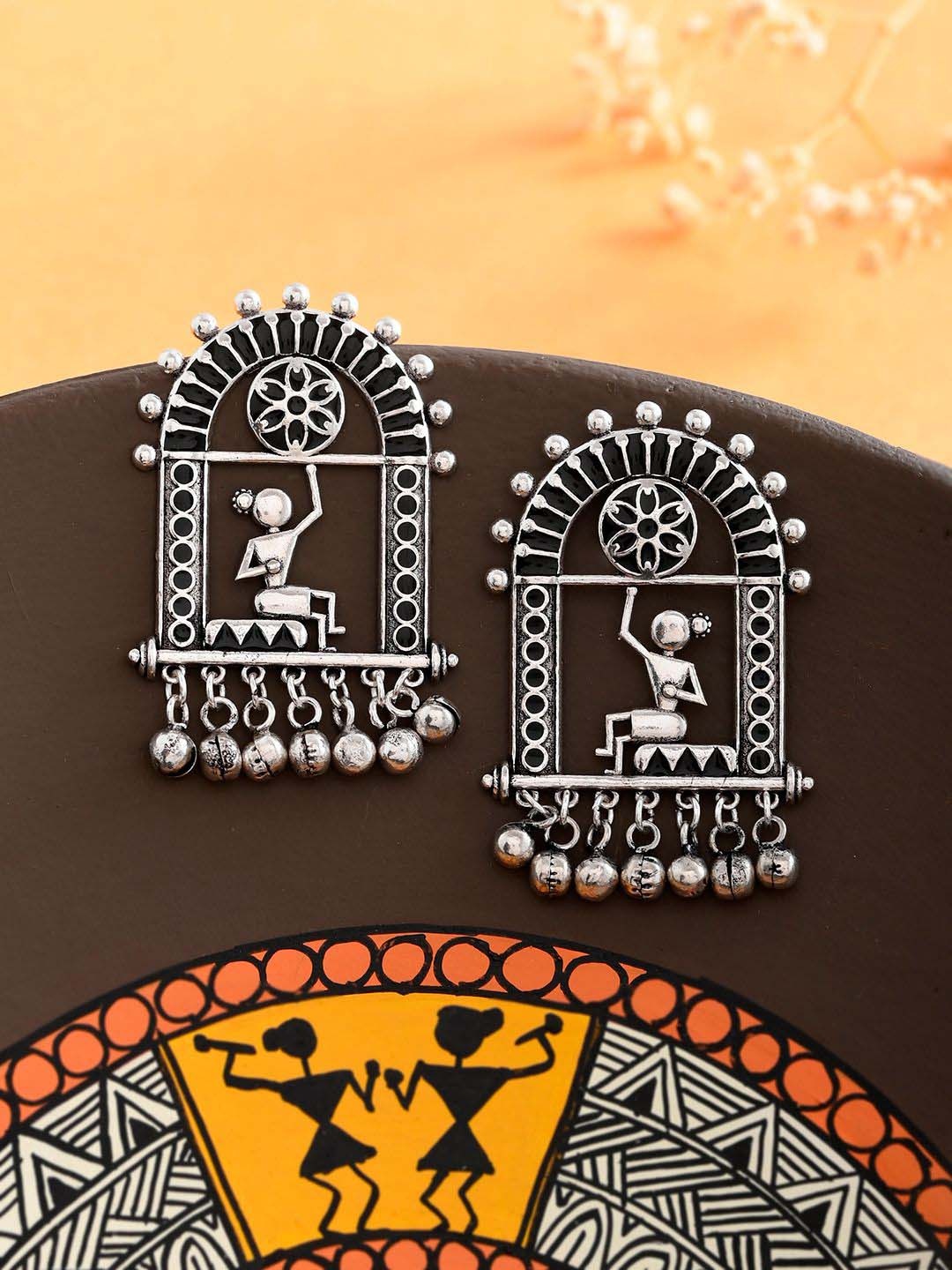 

Voylla Silver Plated Contemporary Oxidised Drop Earrings