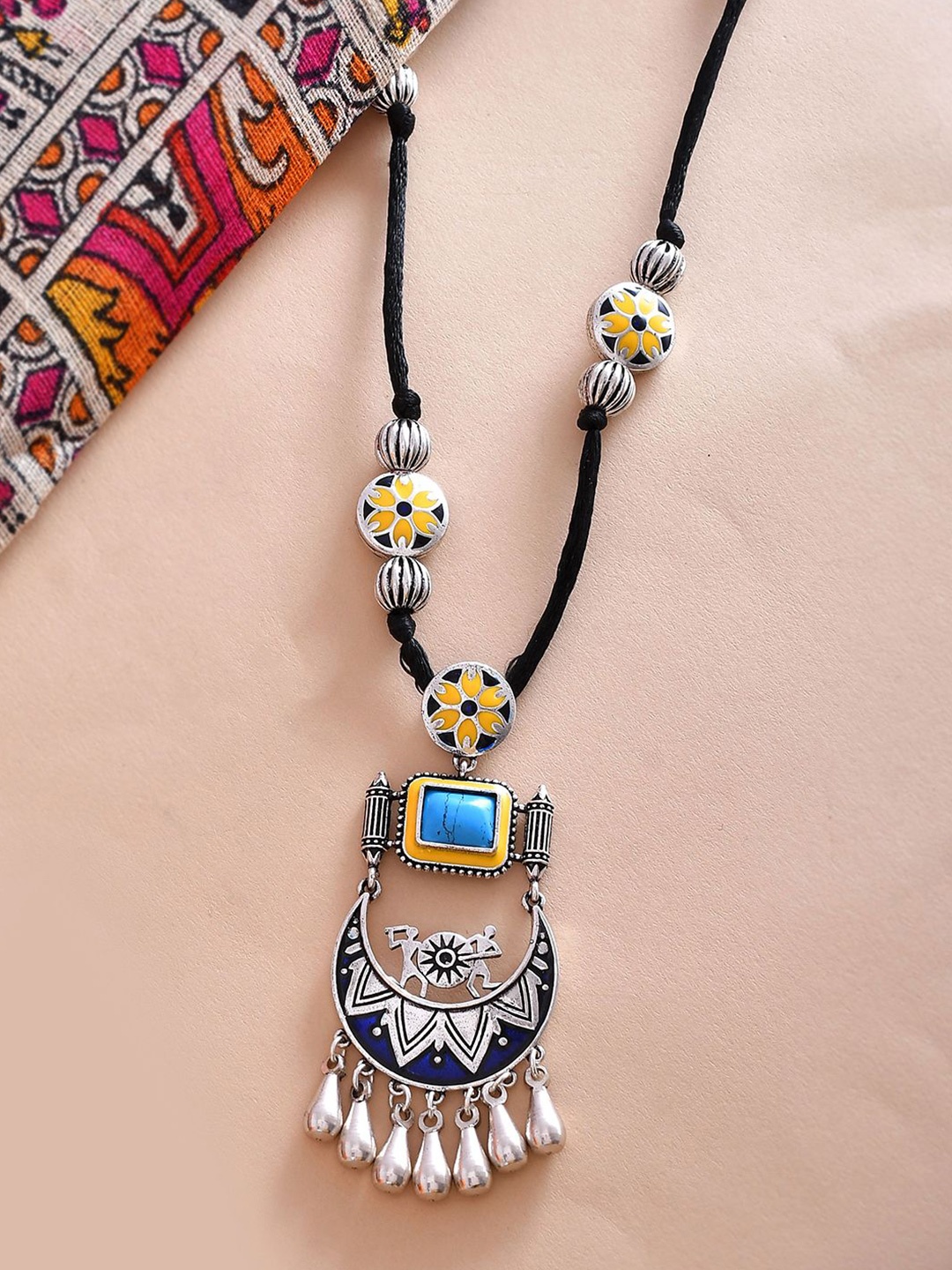 

Voylla Silver-Plated Oxidised Warli Nagada Sang Dhol Necklace