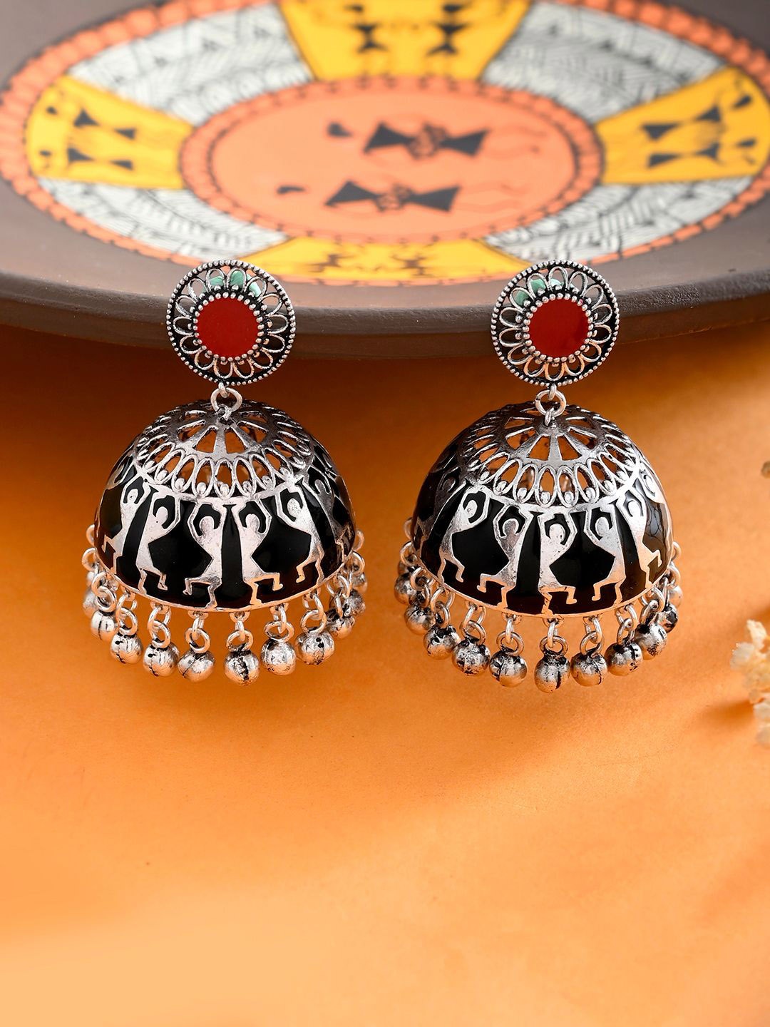 

Voylla Silver-Plated Warli Dome Shaped Jhumkas