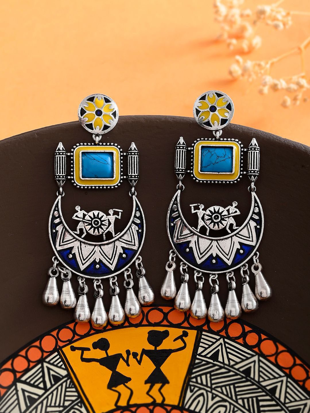 

Voylla Silver Plated Contemporary Oxidised Stone Studded Drop Earrings