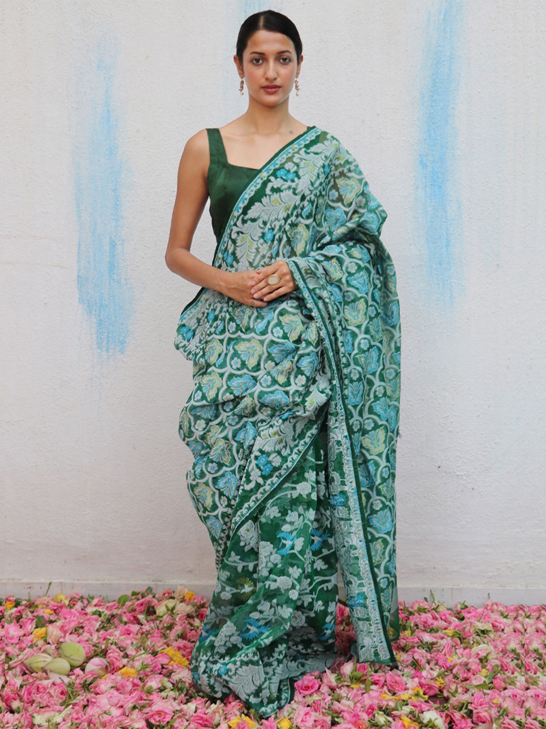 

Chidiyaa Ethnic Motifs Pure Linen Jamdani Saree, Green