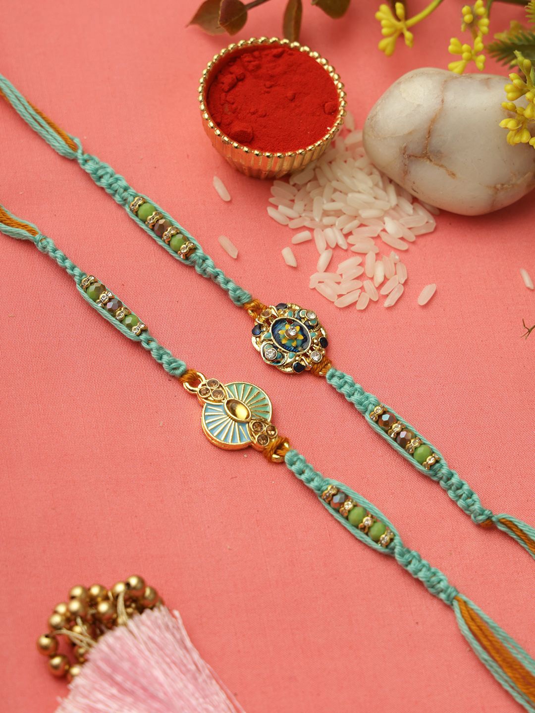 

Aapno Rajasthan Set of 2 Beaded Rakhi with Roli Chawal & Greeting Card, Green