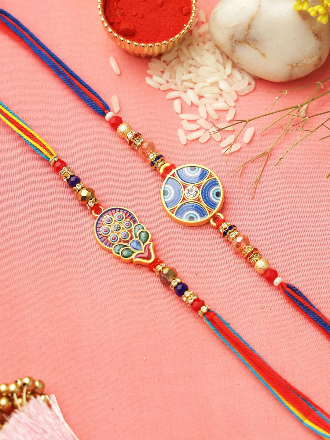 

Aapno Rajasthan Set of 2 Circular Rakhi with Roli Chawal & Greeting Card, Gold