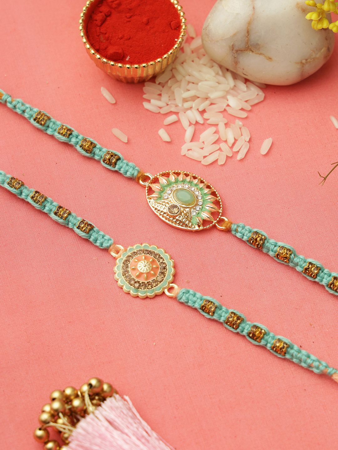 

Aapno Rajasthan Set of 2 Enameled Rakhi with Roli Chawal & Greeting Card, Green