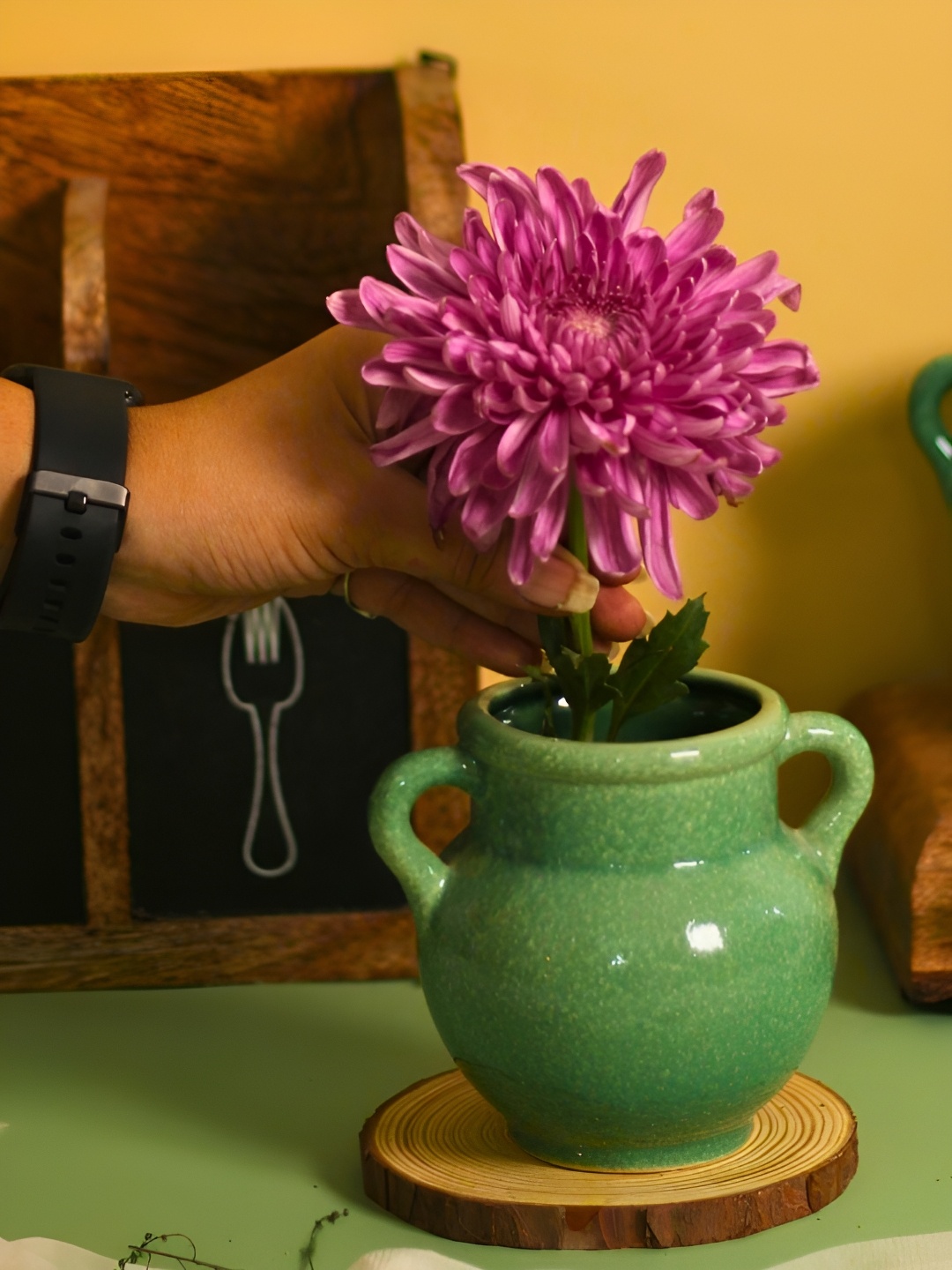 

WEAVING HOMES Green Ceramic Handle Vase