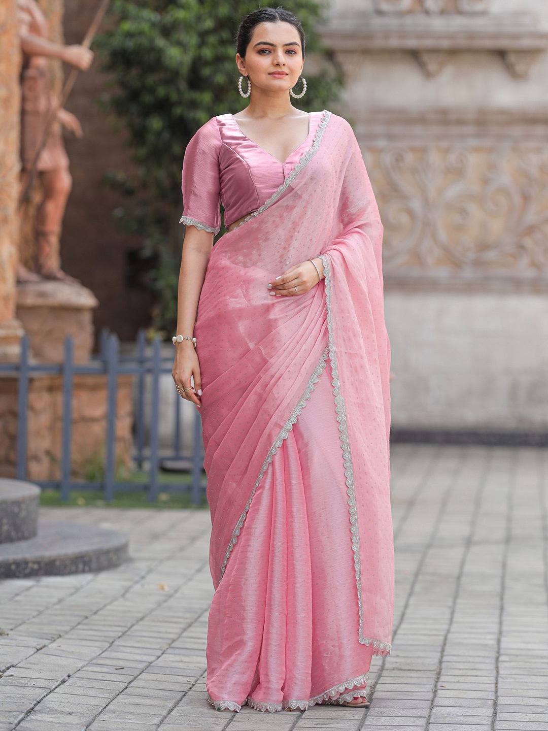 

KIMISHA Embellished Mukaish Organza Saree, Pink