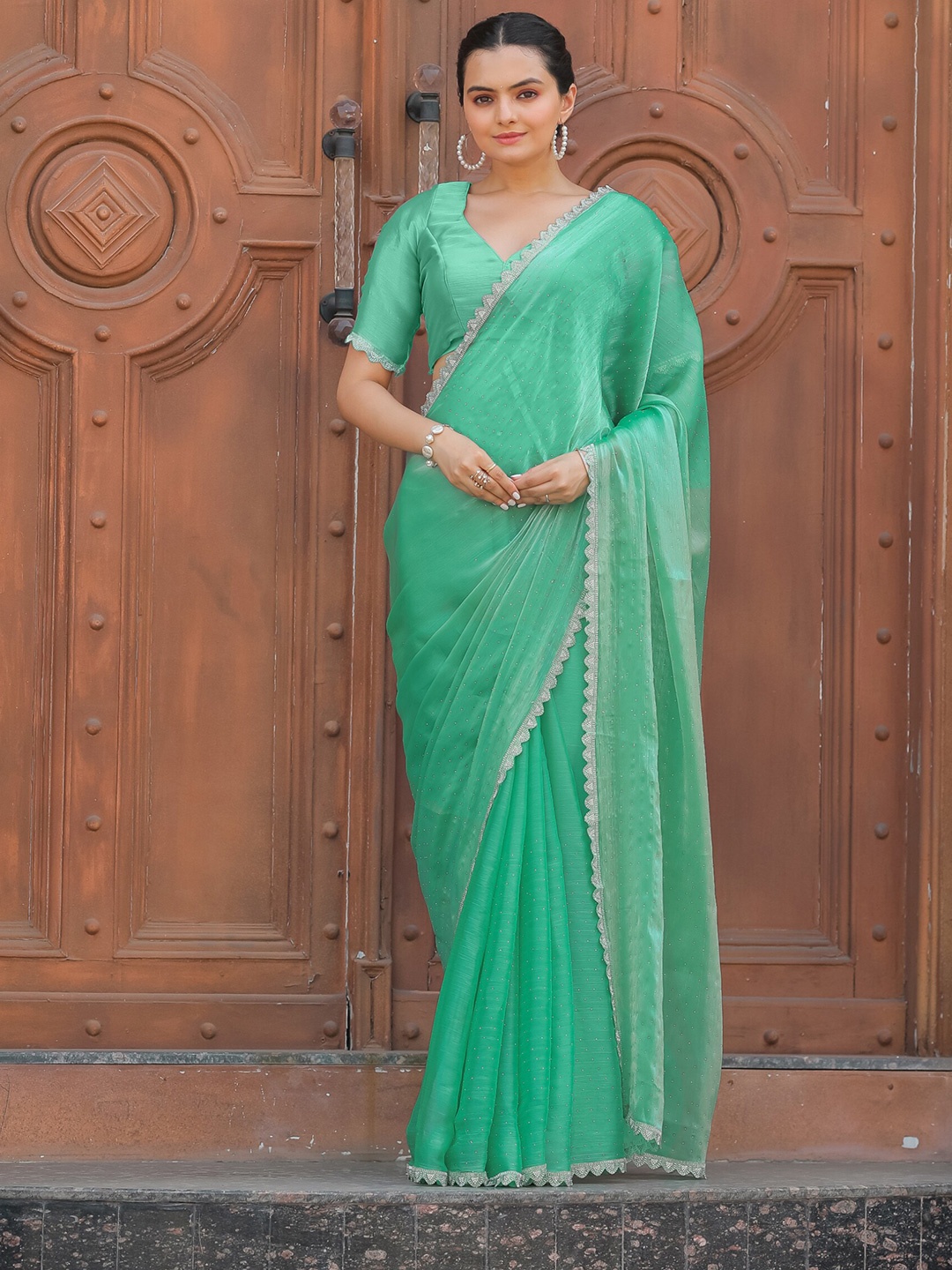 

KIMISHA Embellished Mukaish Organza Saree, Sea green