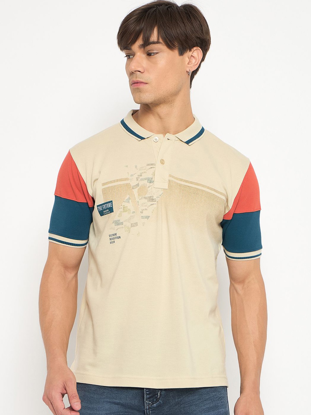 

Duke Men Colourblocked Polo Collar T-shirt, Beige