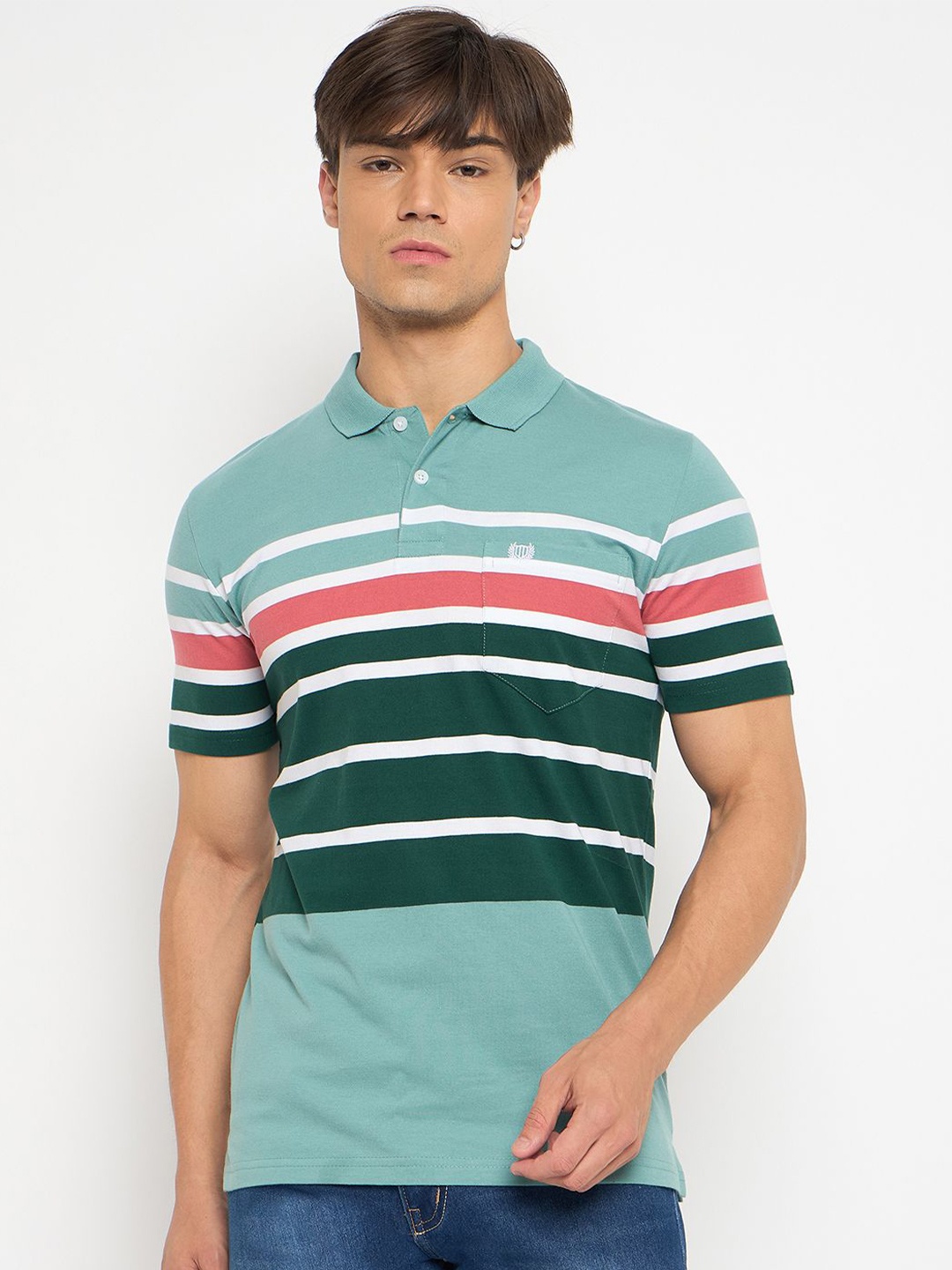 

Duke Men Striped Polo Collar Pockets T-shirt, Green
