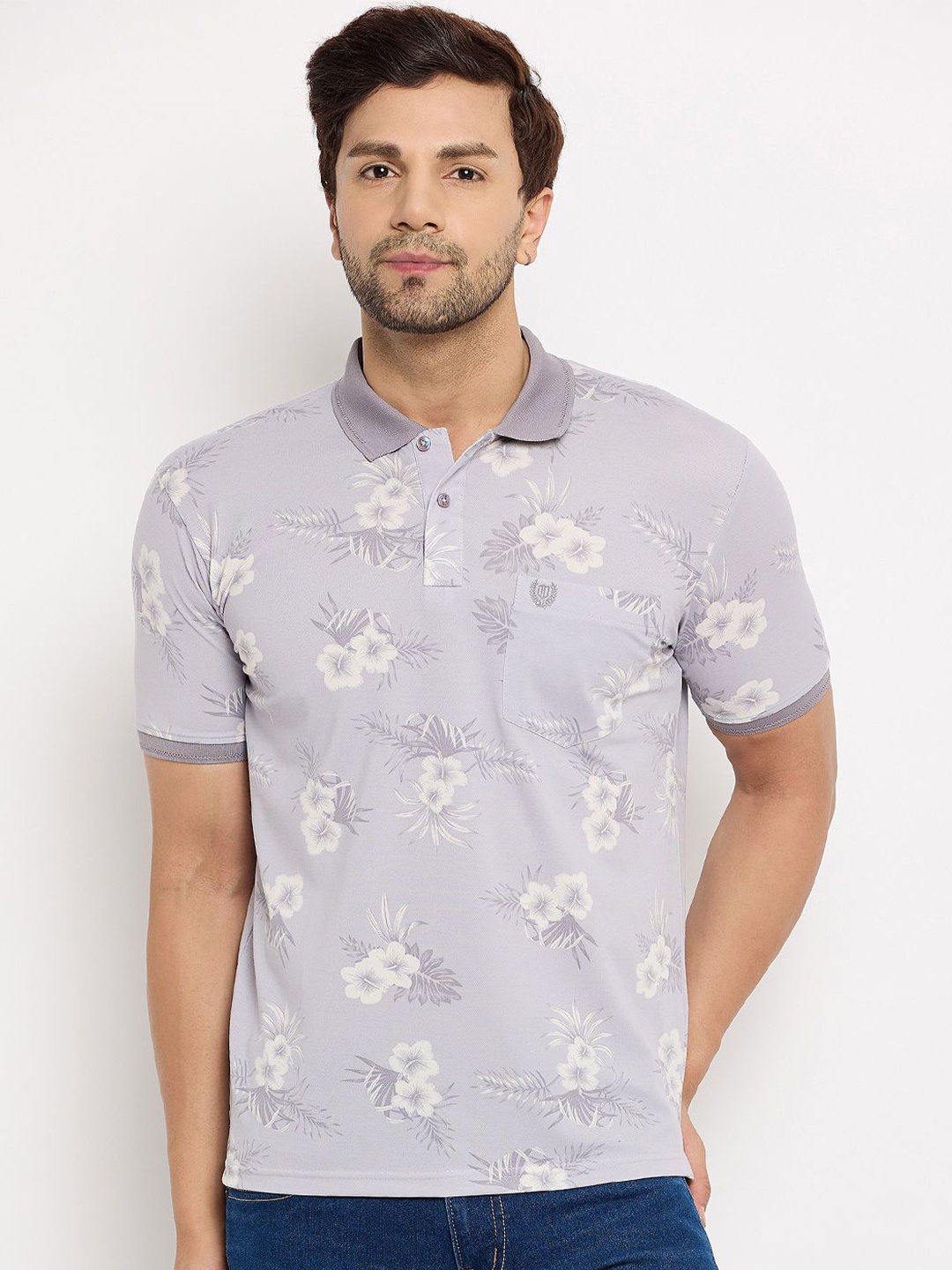 

Duke Men Floral Printed Polo Collar Pockets T-shirt, Purple