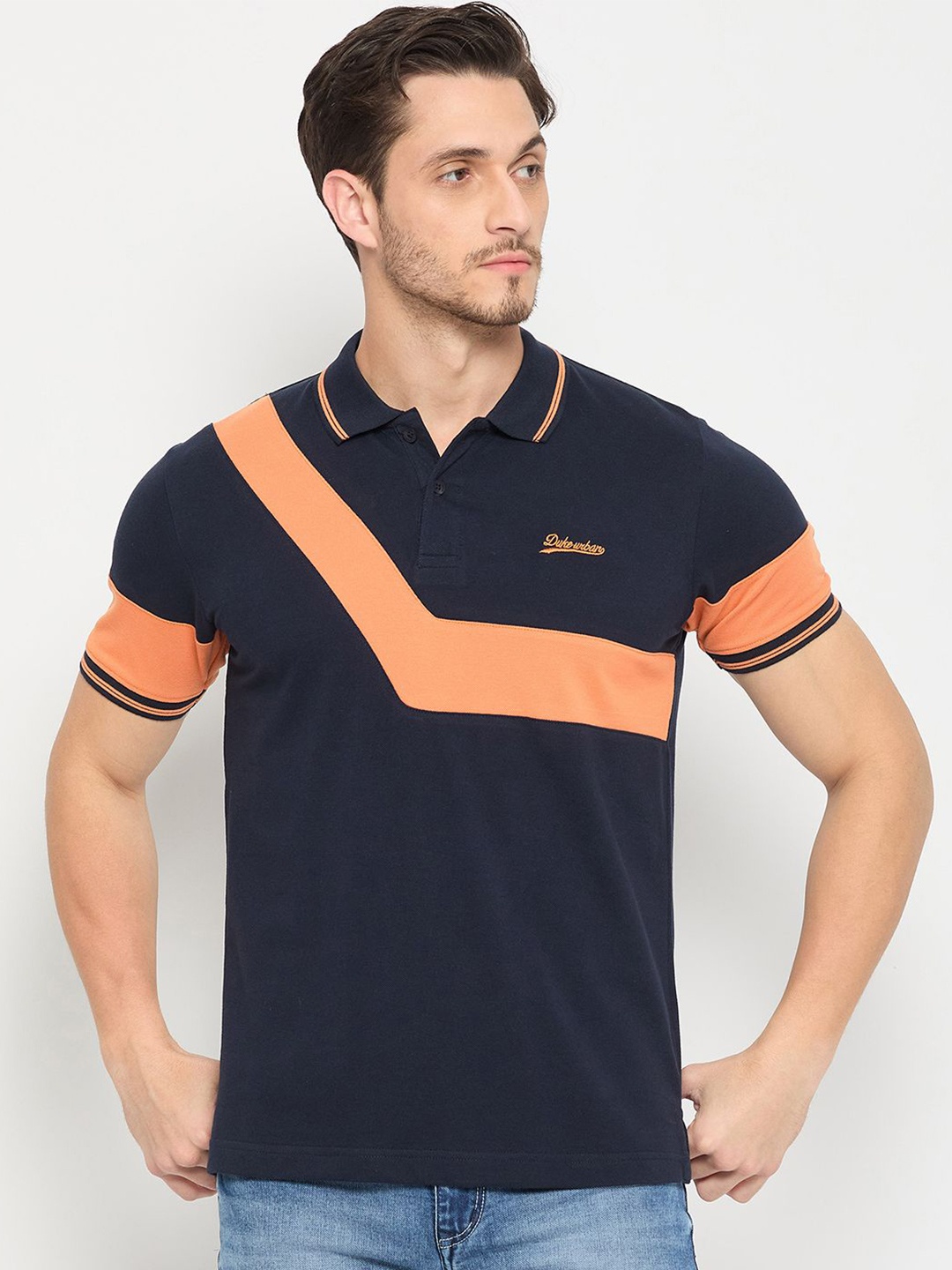 

Duke Men Colourblocked Polo Collar T-shirt, Blue