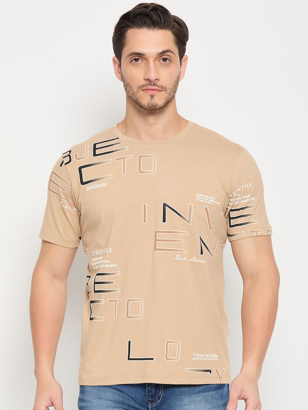 

Duke Men Typography Printed Round Neck T-shirt, Beige