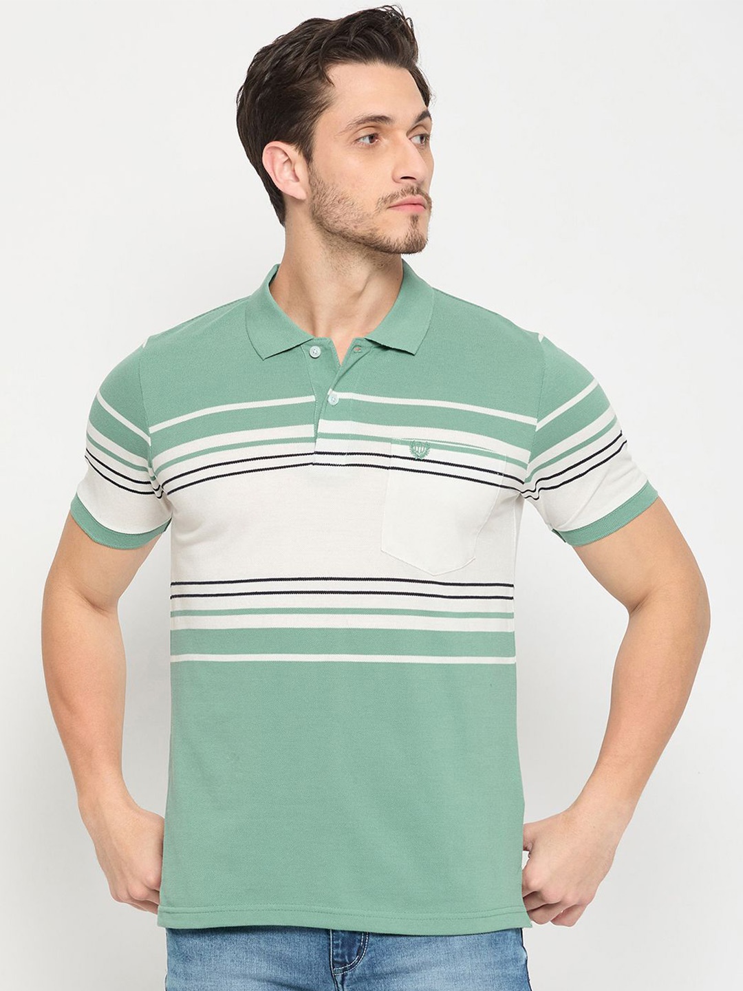 

Duke Men Striped Polo Collar Pockets T-shirt, Green