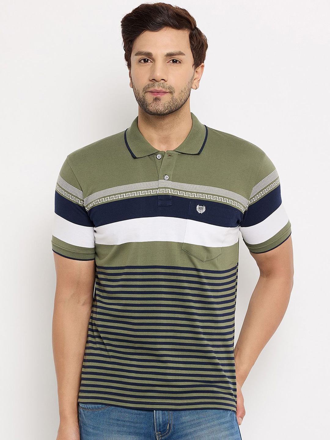

Duke Men Striped Polo Collar Pockets T-shirt, Green