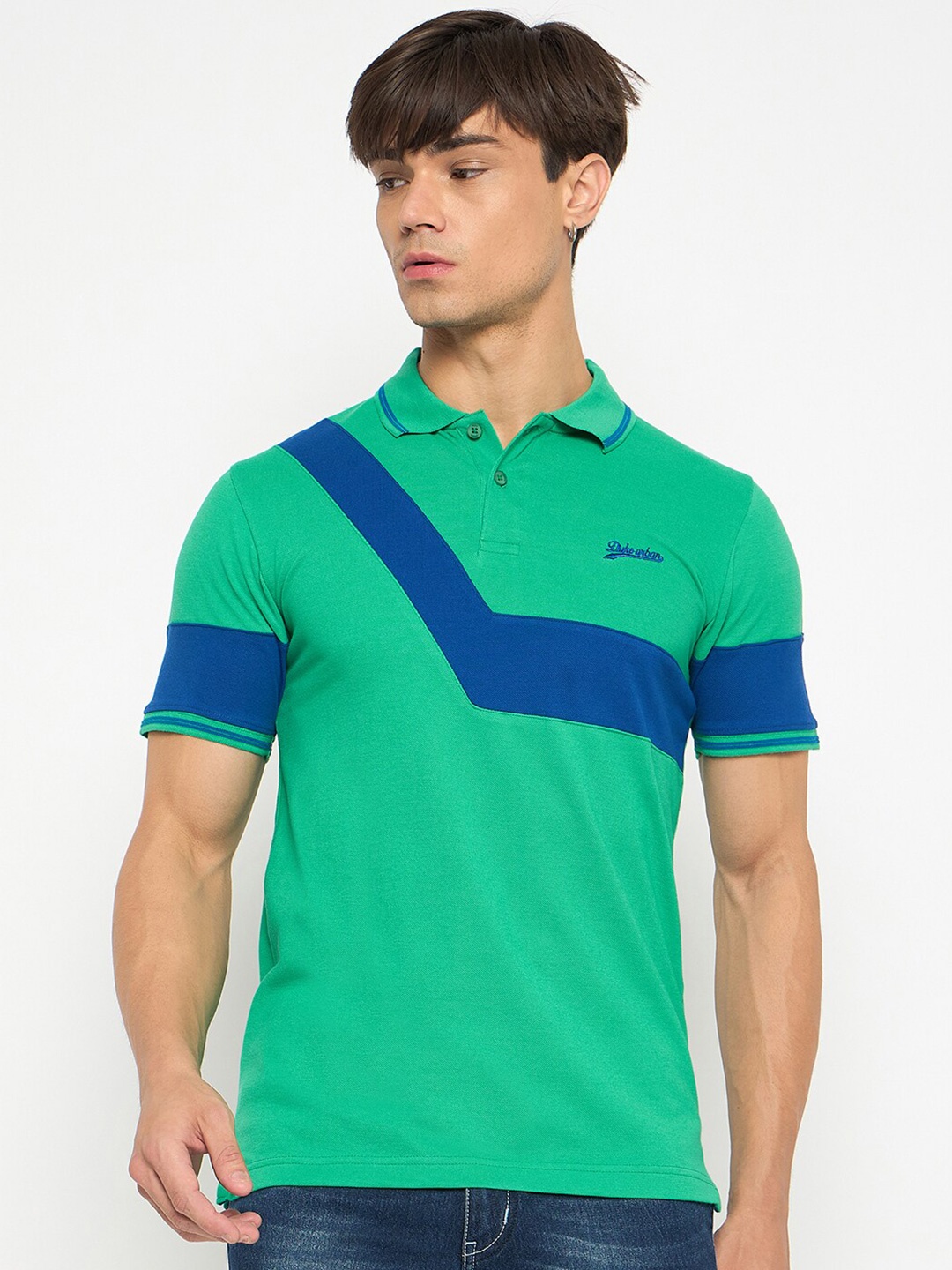 

Duke Men Colourblocked Polo Collar Embroidered T-shirt, Green