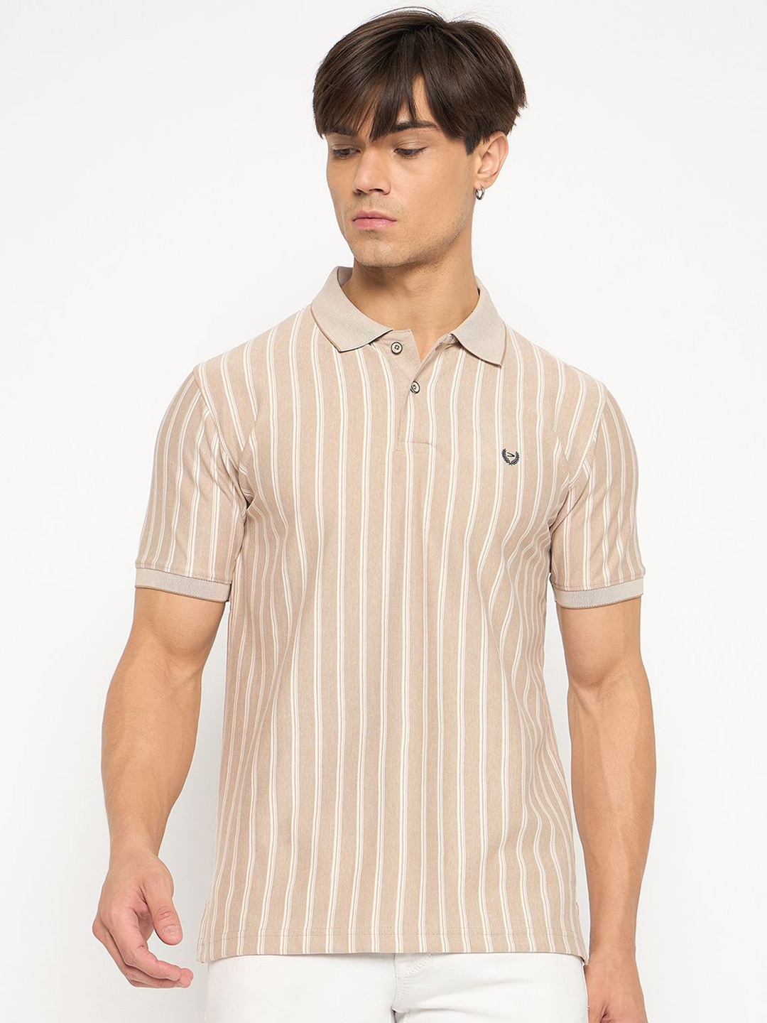 

Duke Men Striped Polo Collar Embroidered T-shirt, Beige