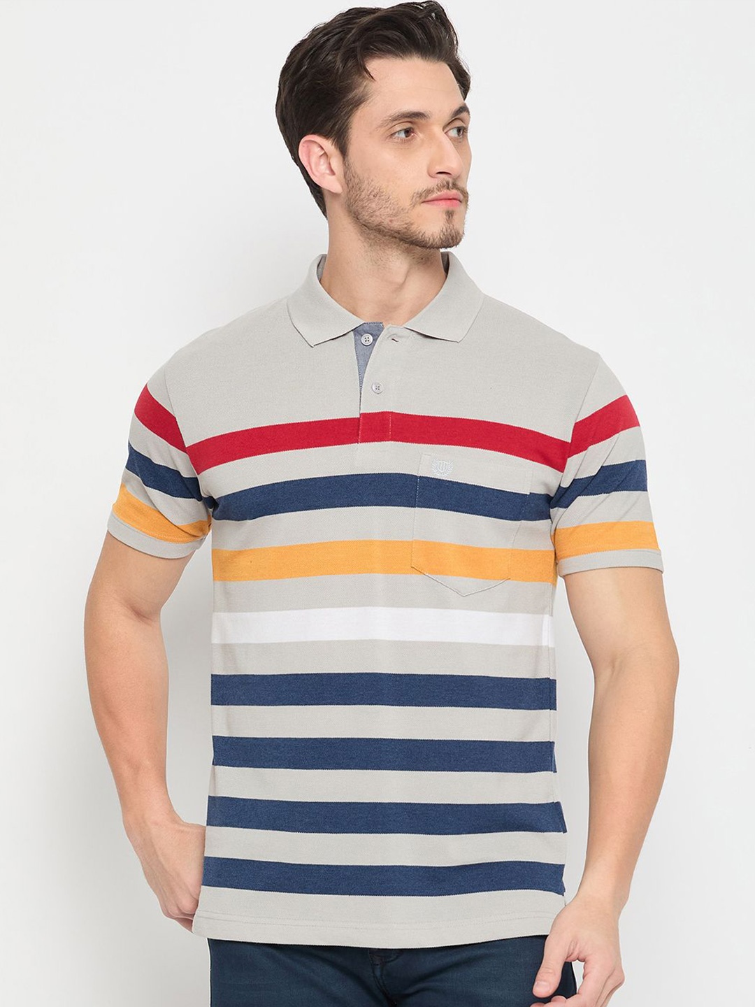 

Duke Men Striped Polo Collar Pockets T-shirt, Grey