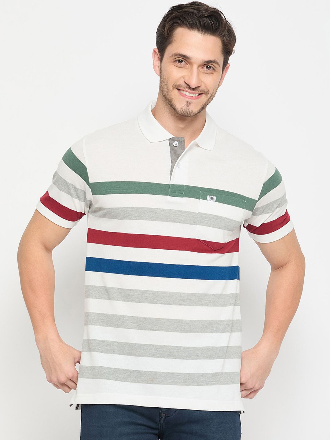 

Duke Men Striped Polo Collar Pockets T-shirt, White