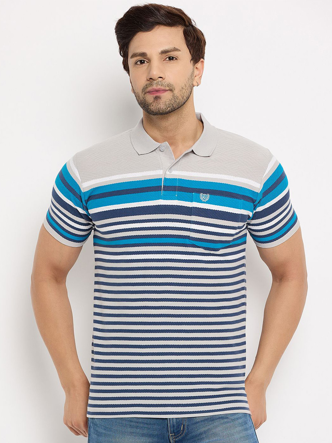 

Duke Men Striped Polo Collar Pockets T-shirt, Grey