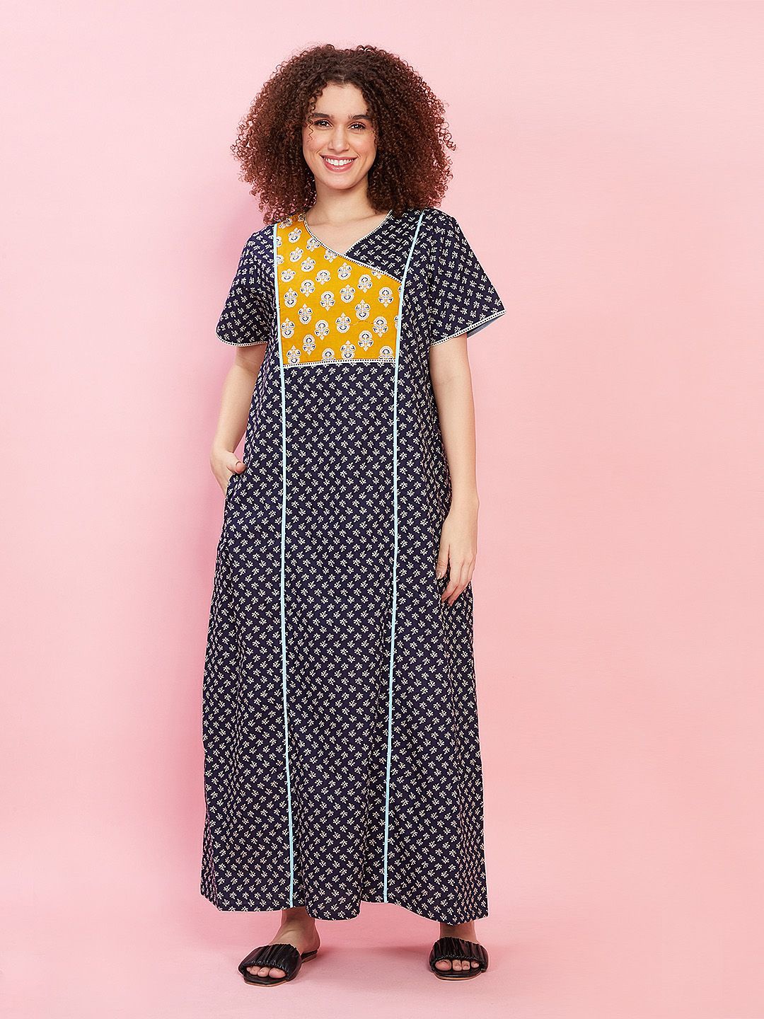 

evolove V Neck Short Sleeves Printed Cotton Maxi Nightdress, Navy blue