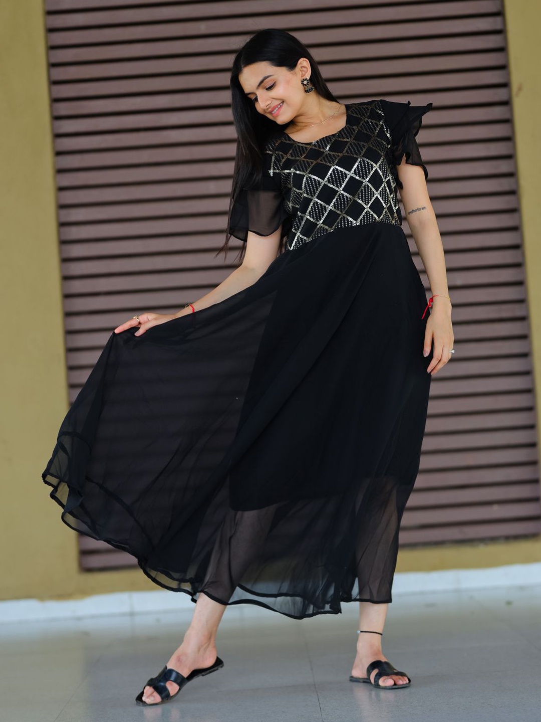 

Goti's Embroidered Flutter Sleeves A-Line Maxi Ethnic Dress, Black