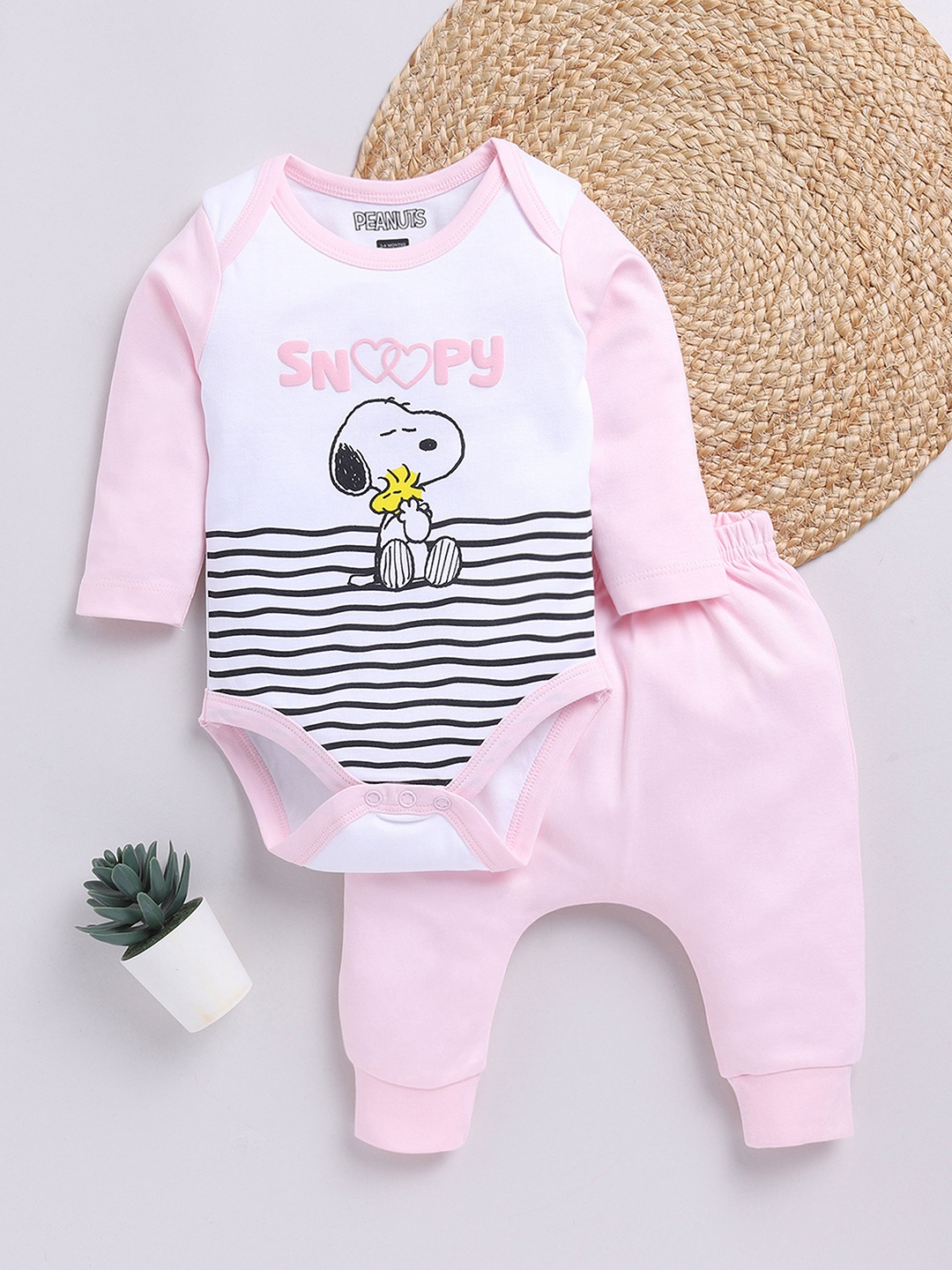 

YK X Tinyo Infant Girls Snoopy Printed Pure Cotton Bodysuit With Trouser Set, Pink