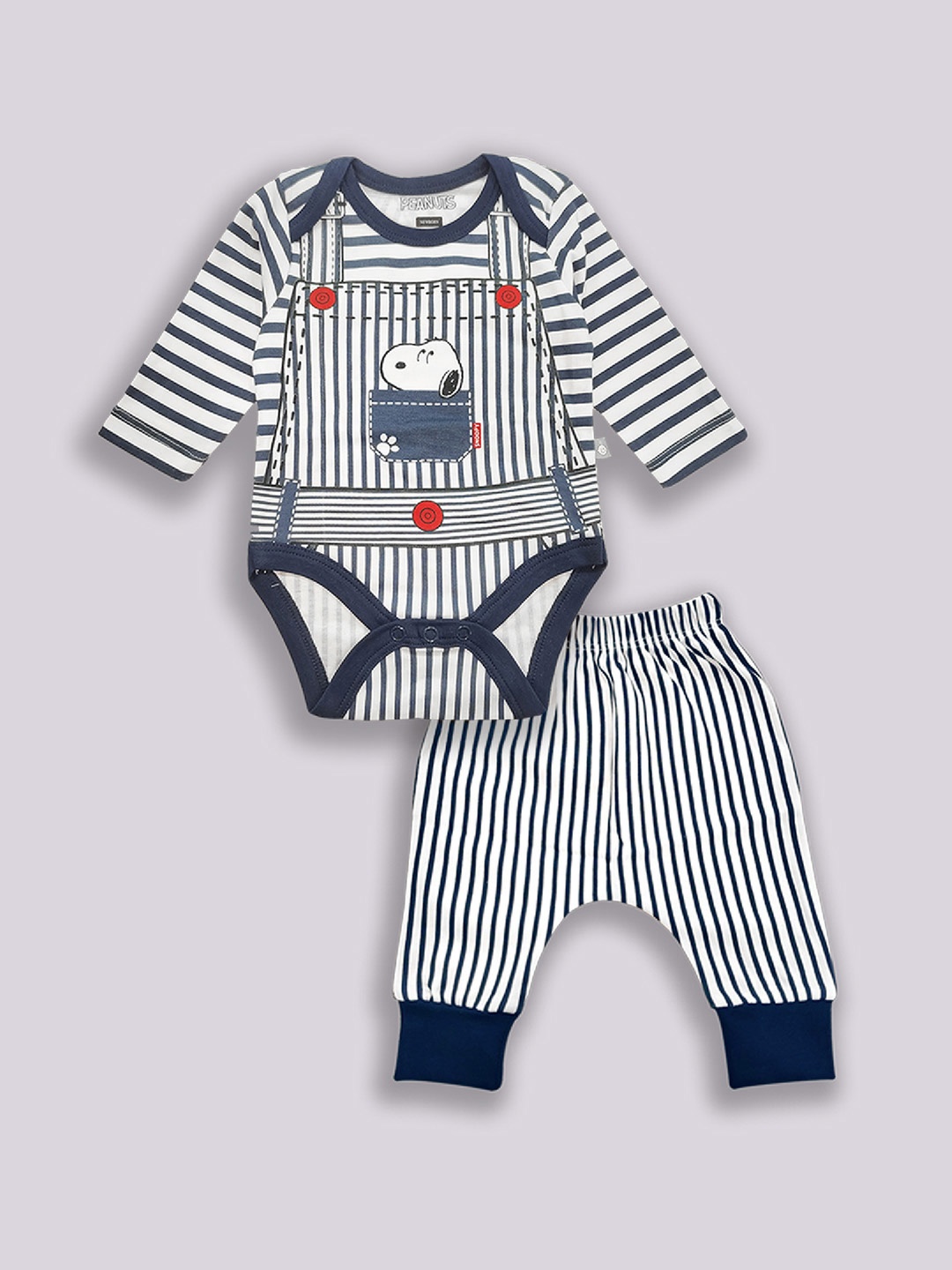 

YK X Tinyo Infant Boys Striped & Printed Pure Cotton Bodysuit with Joggers, Navy blue