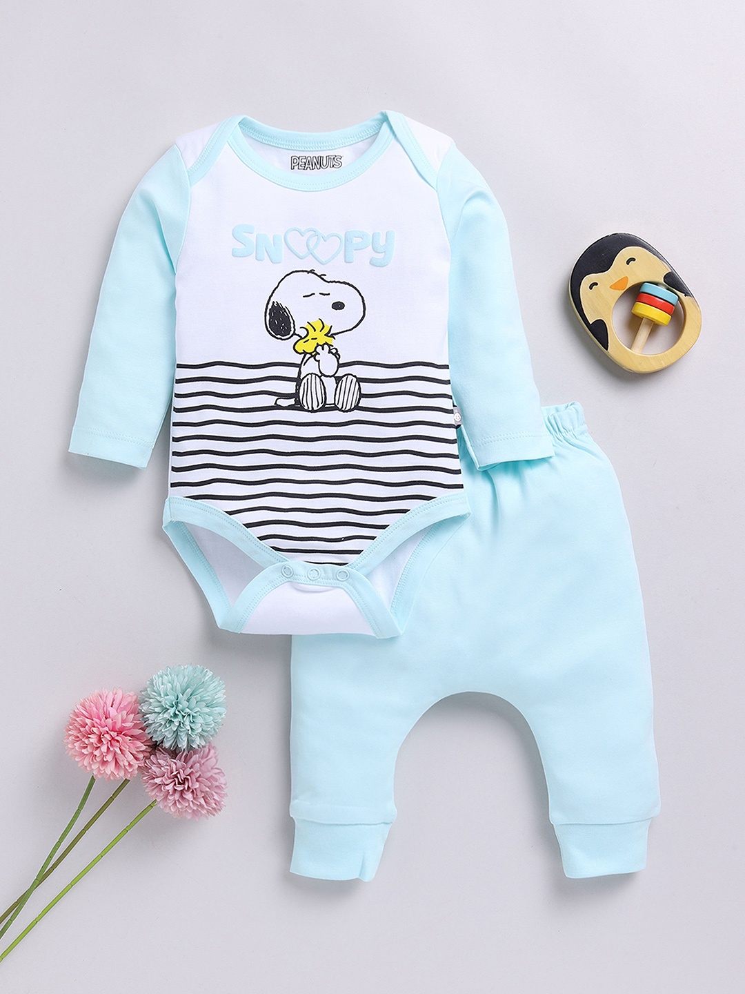 

YK X Tinyo Infant Girls Snoopy Printed Pure Cotton Bodysuit With Trouser Set, Blue