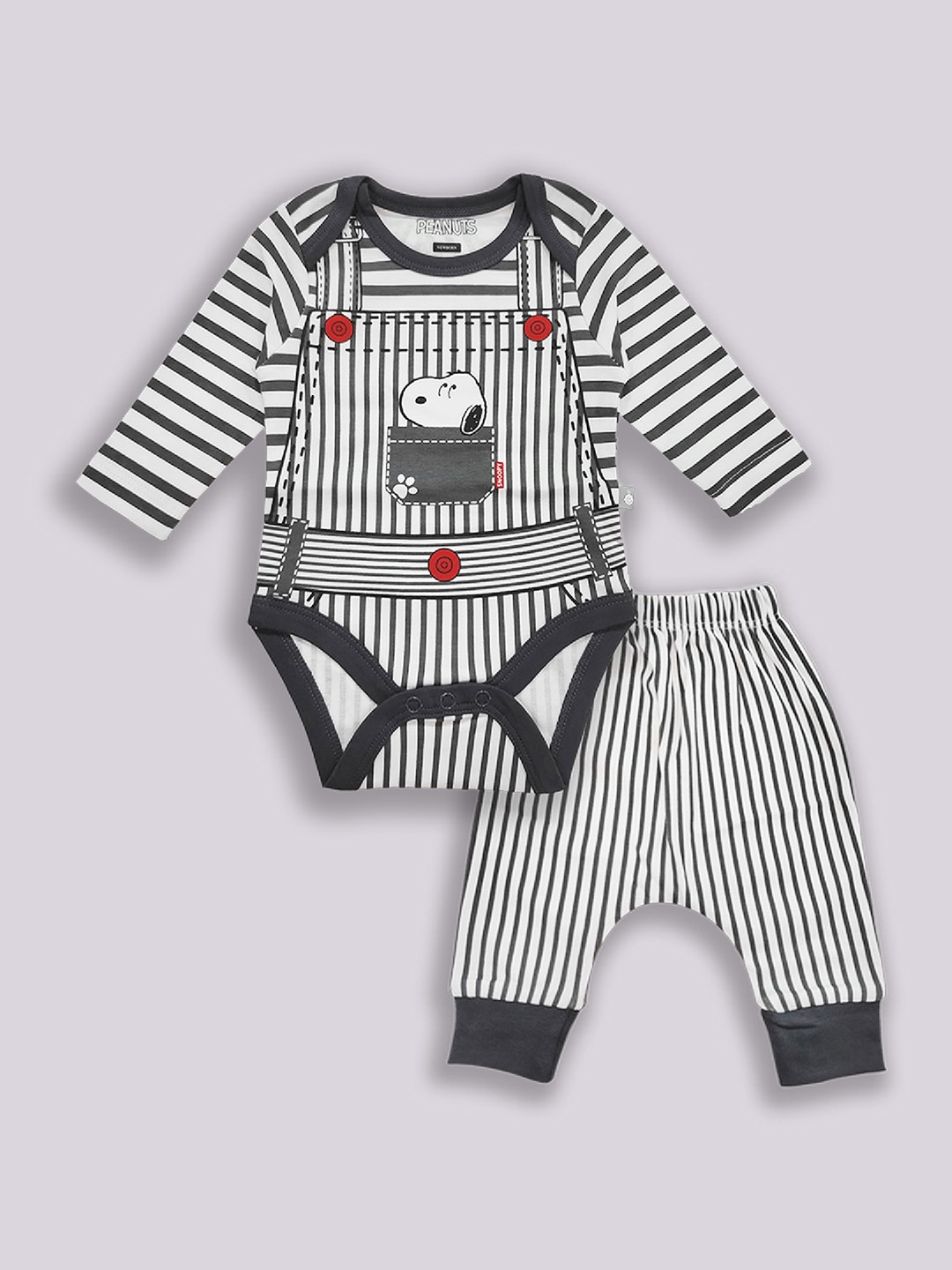 

YK X Tinyo Infant Boys Striped & Printed Pure Cotton Bodysuit with Joggers, Charcoal