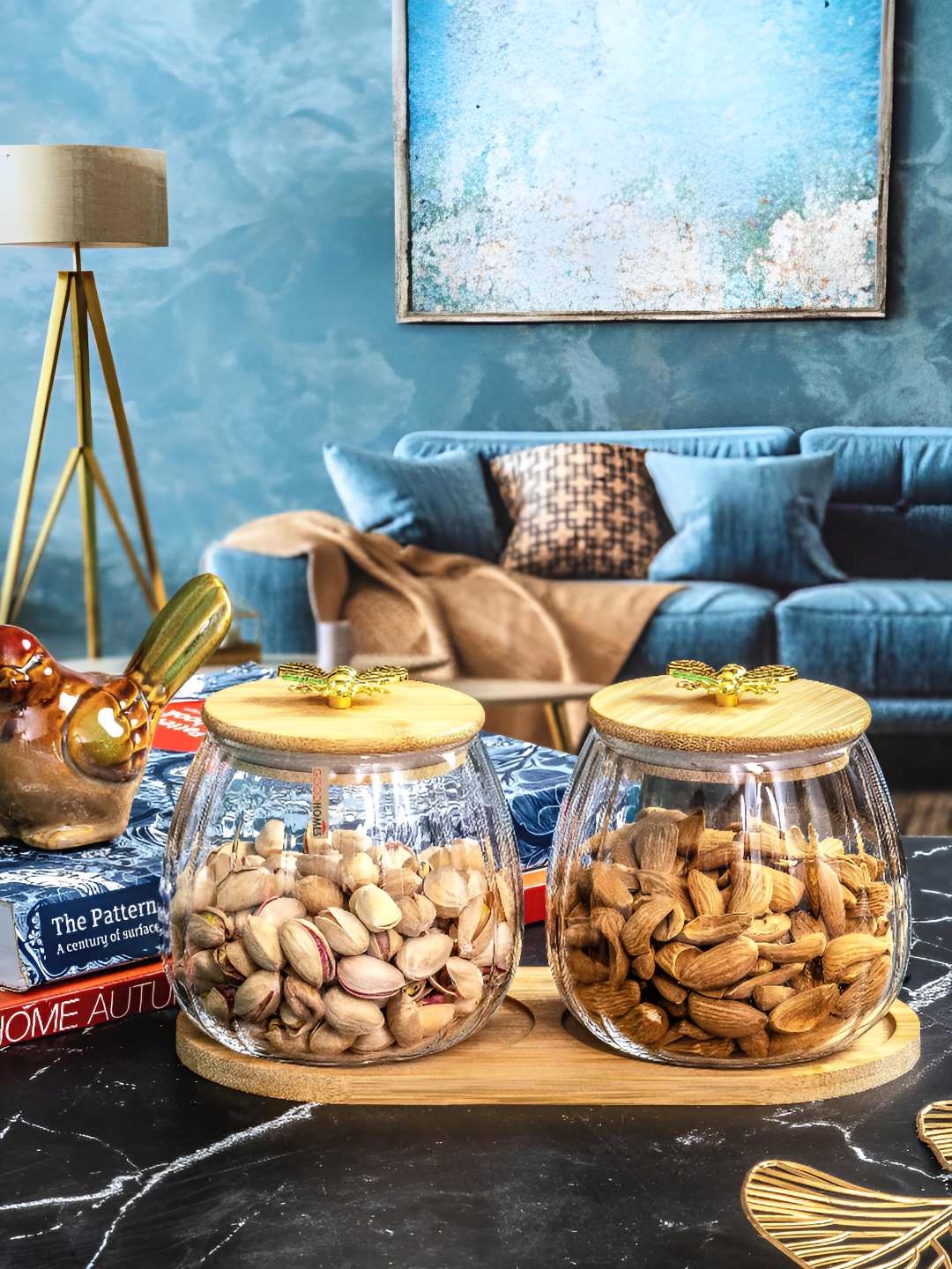 

GOODHOMES Transparent 3 Pieces Glass Storage Jars with Wooden Lid & Tray