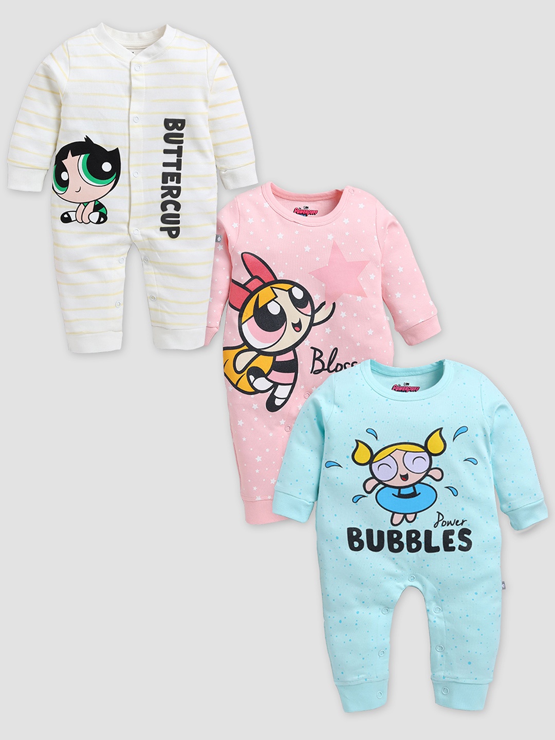 

YK X Tinyo Infant Girls Set Of 3 Powerpuff Girls Printed Pure Cotton Rompers, Pink